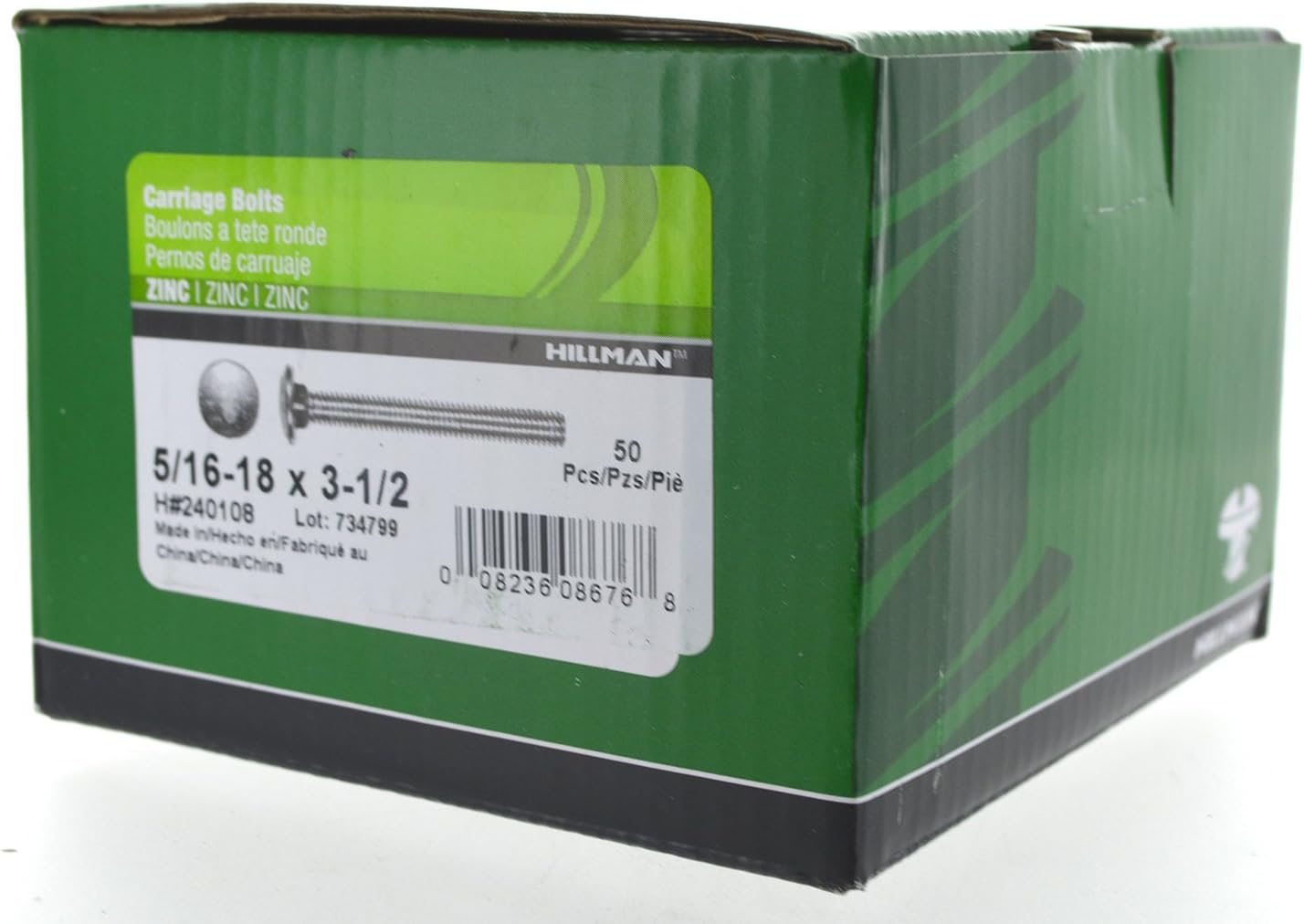 Hillman 240108 Carriage Bolt, 5/16 x 3-1/2-Inch, Steel, Zinc-Plated, Silver, 50-Pack