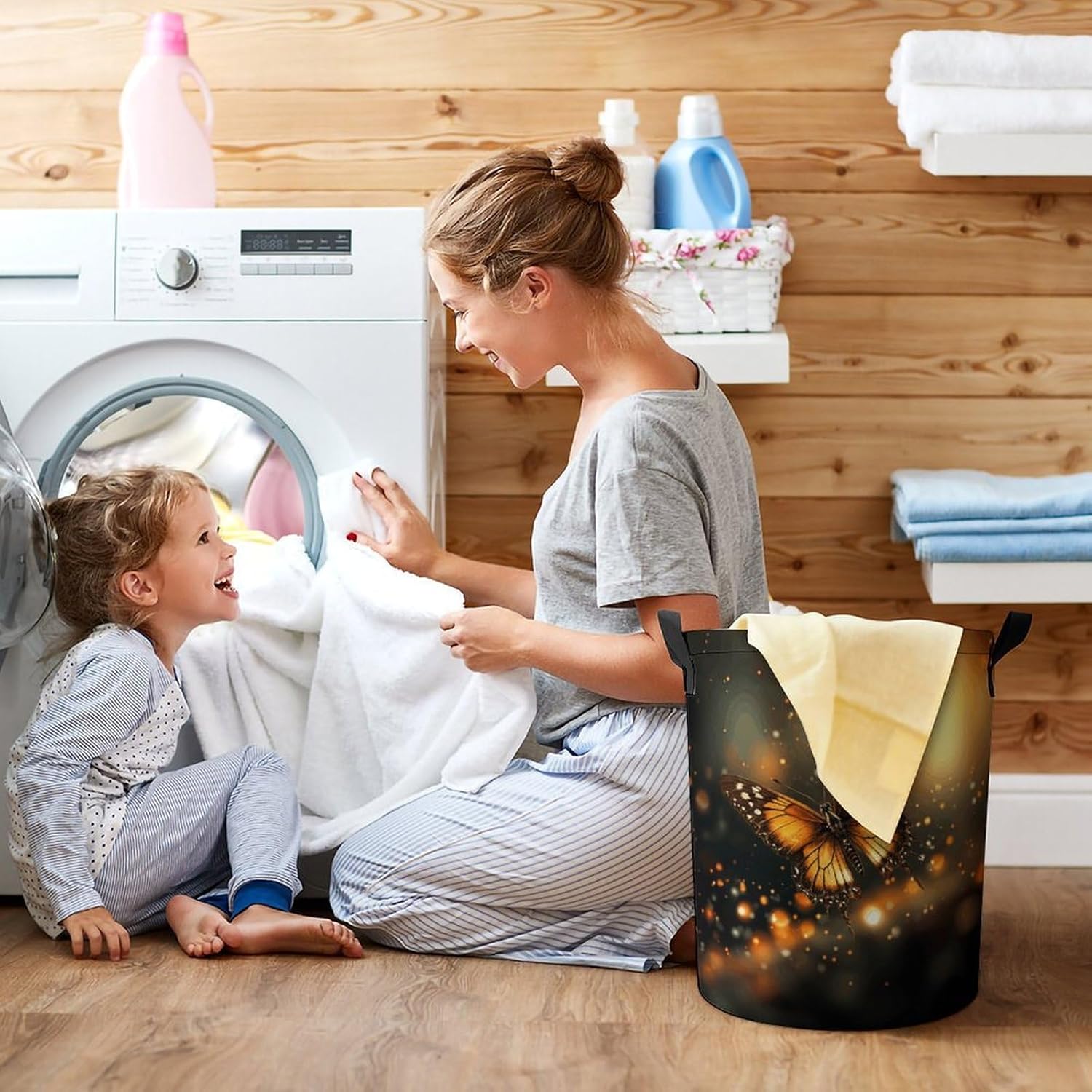 Orange Butterfly Laundry Basket Collapsible Clothes Hamper with Reinforced Handles Large Capacity Waterproof Laundry Bag Freestanding Laundry Hamper for Bedroom Bathroom