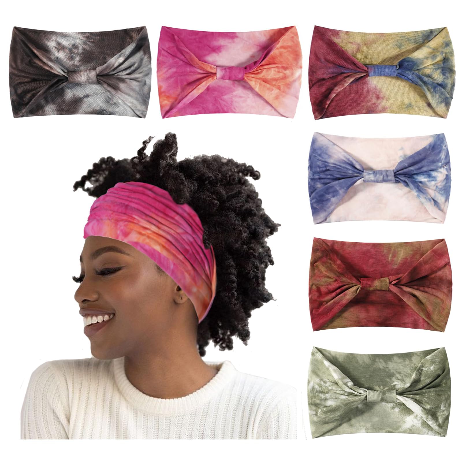 Artilady Diademas anchas para mujer, teñido anudado, turbante bohemio, bandas para el cabello anudadas, suaves, elásticas, antideslizantes, accesorios para el cabello, 6 unidades