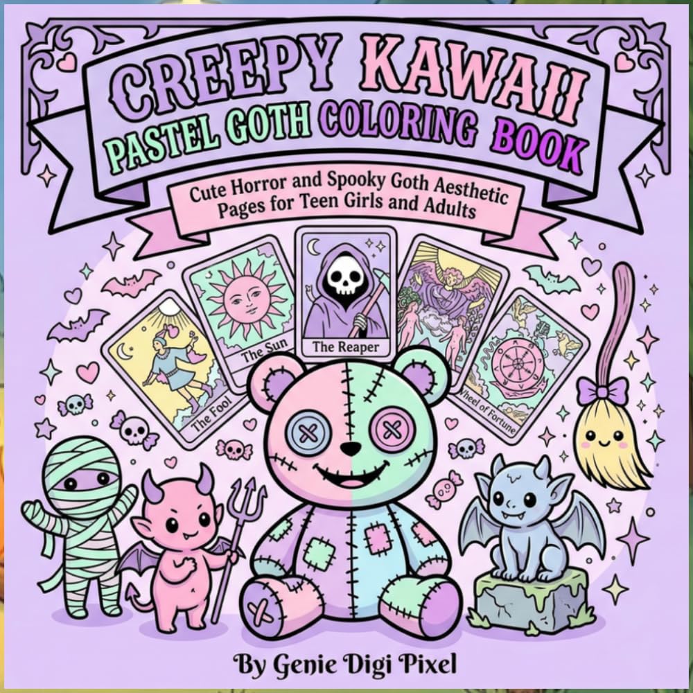 Creepy Kawaii Pastel Goth Coloring Book: Cute Horror and Spooky Goth Aesthetic Pages for Teen Girls and Adults | Stress Relief Dark Art featuring Voodoo Dolls, Bats & Creepy Snacks