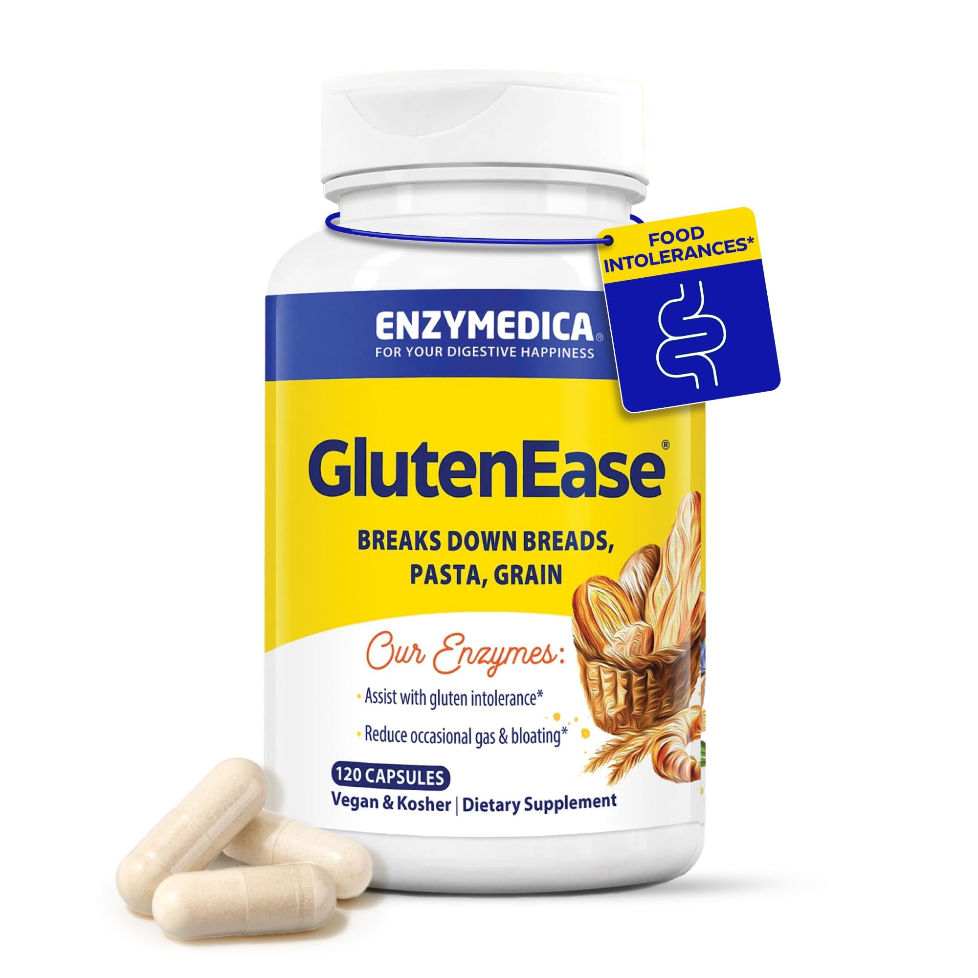 Enzymedica GlutenEase, Advanced Digestive Enzymes for Women and Men, Fast-Acting Formula for Bloating Relief & Digestive Health, Helps Break Down Gluten & Casein, 120 Capsules