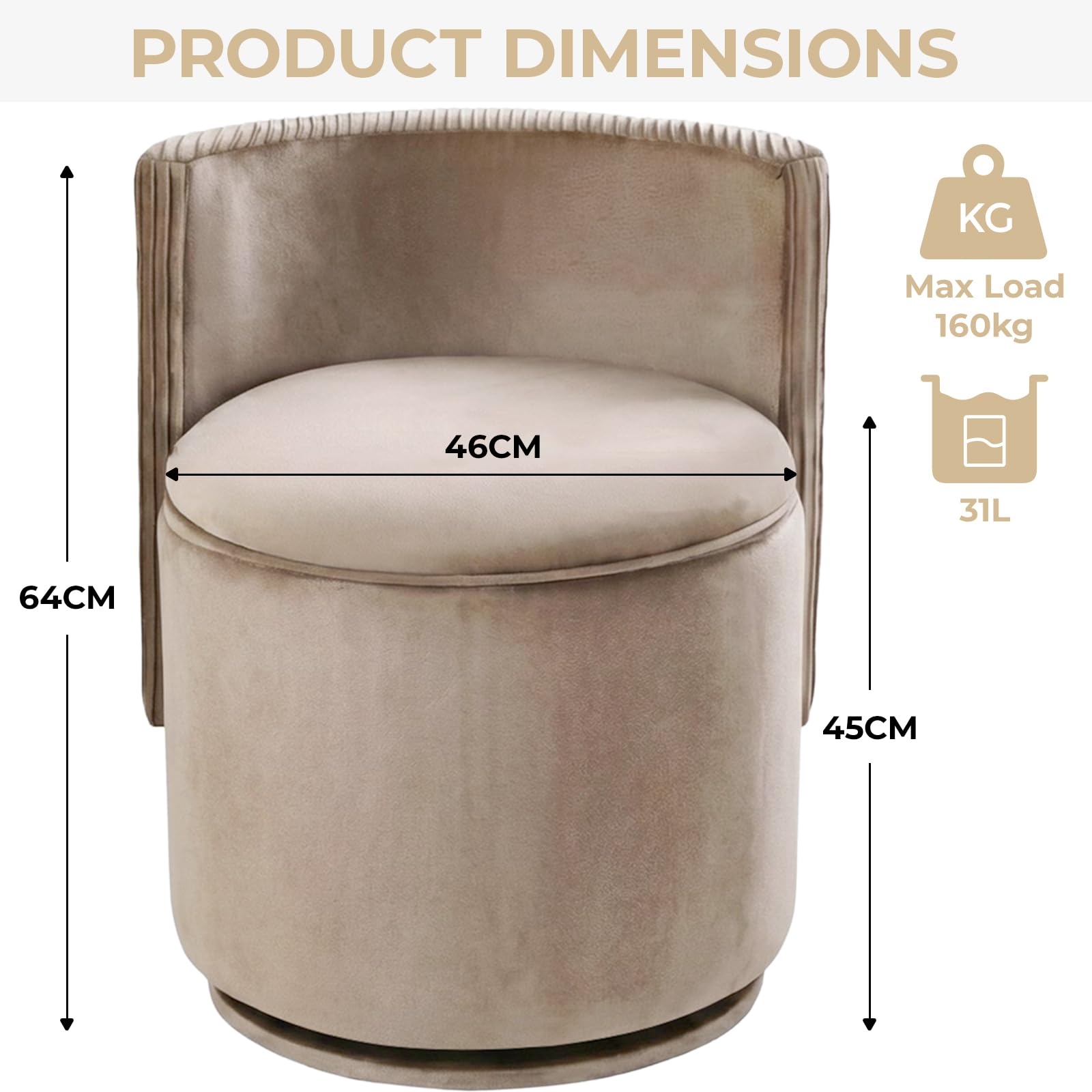 Clevich Velvet Vanity Chair with Storage, 360° Swivel Dressing Table Stool, Brown, 46 x 46 x 64 cm - Image 2