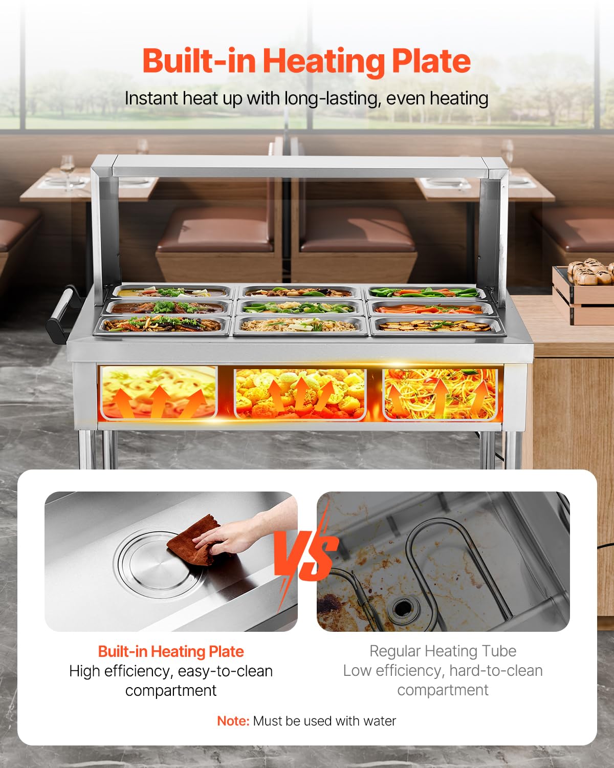 VEVOR 9-Pan Commercial Food Warmer, 9 x 1/3 Pans Electric Steam Table, 1500W Professional Buffet Catering Food Warmer with Shield Undershelf Wheels, Stainless Steel Server for Party Restaurant