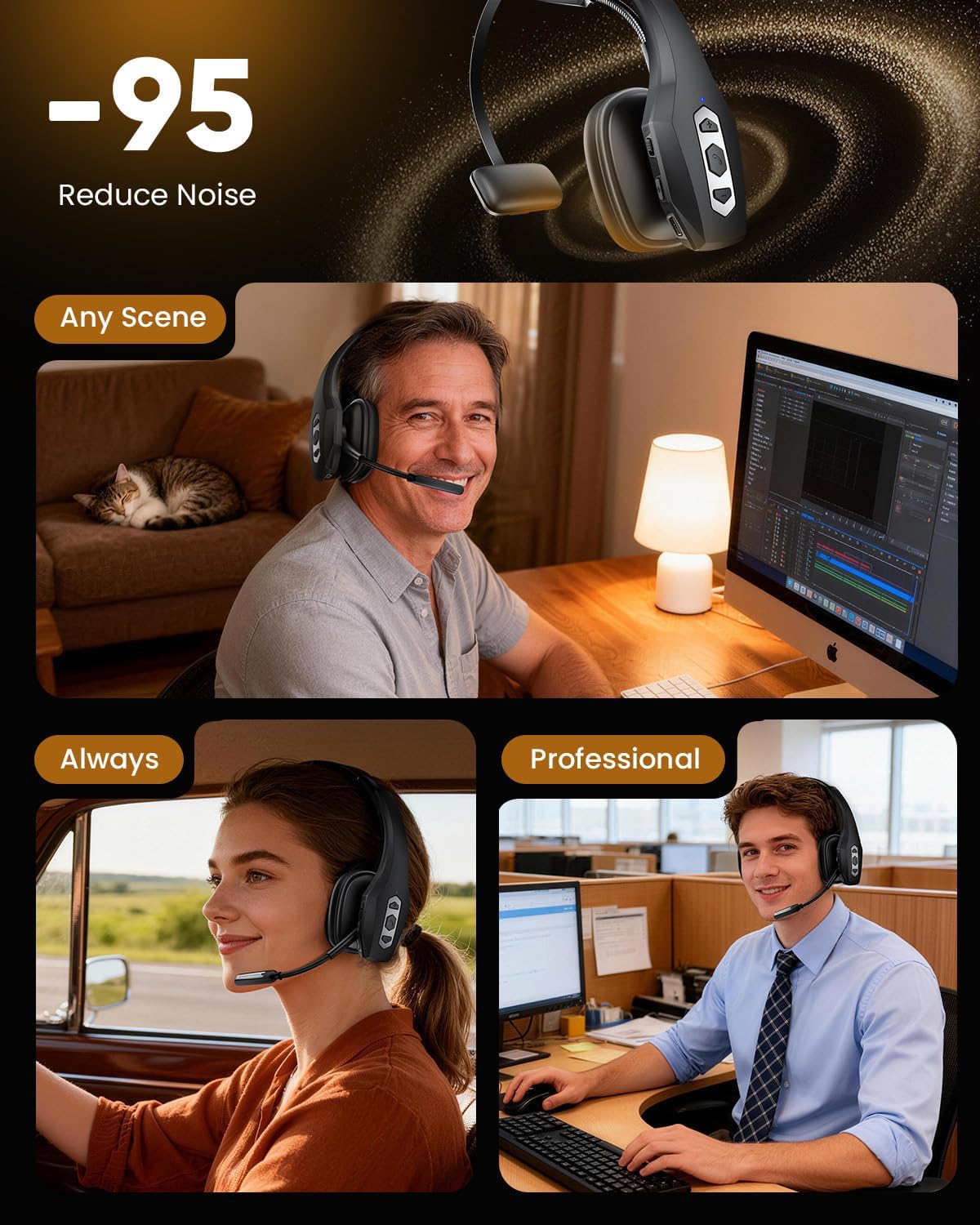 Trucker Bluetooth Headset with Charging Base, Wireless Hands-Free Headset with Noise Canceling Mic & Mute Button, 56Hrs Working Time PC Headsets for Cell Phones, Computer, Truck Driver