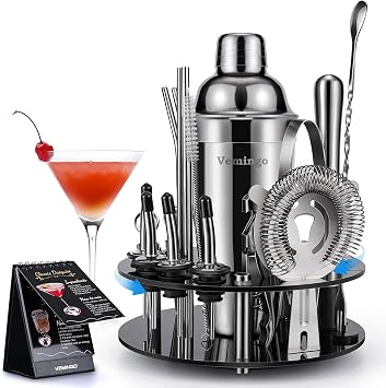 21 Piece Stainless Steel Cocktail Shaker Set Bartender Kit, 25oz Boston Shaker Tool Set with Acrylic Stand and Recipes, Perfect Bar Tools Set for Home or Parties