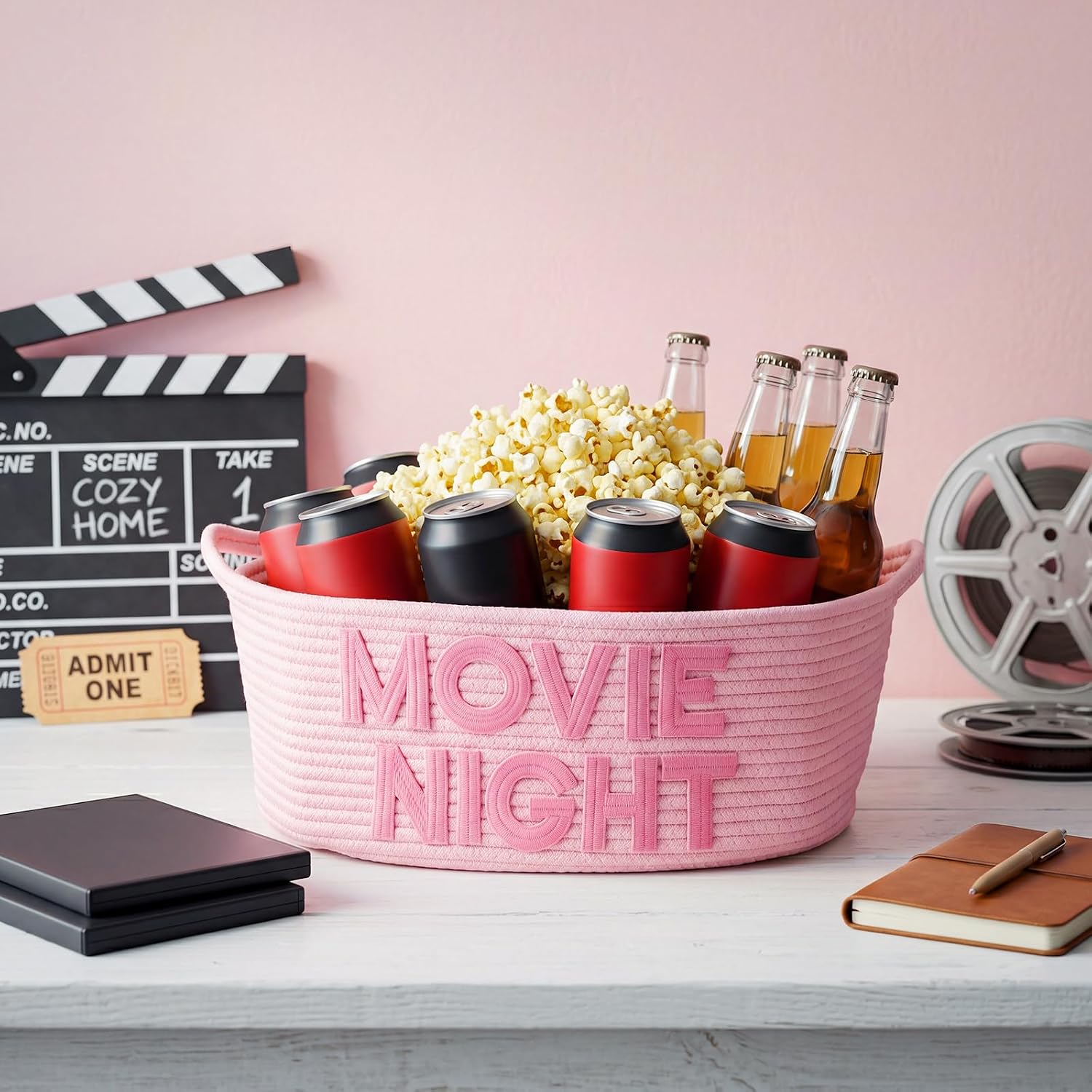 Movie Night Gift Basket with Handles, Cotton Rope Storage Snack Tray | 17"x13"x7" Woven Storage Popcorn Container Large Snack Basket for Movie Night Family Room Home Theater Birthday Party Decor