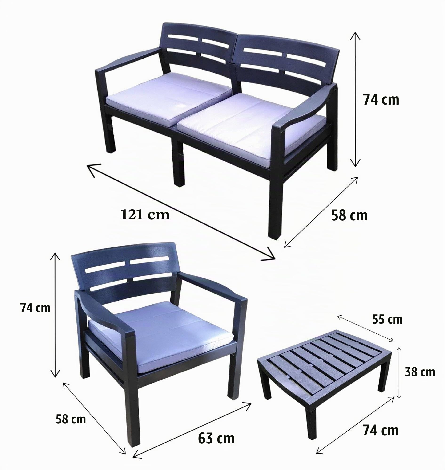 Dmora - Ensemble de Salon d'extérieur Massa, Composition de Jardin avec 2 fauteuils, 1 canapé et 1 Table Basse, Salon intérieur et extérieur avec Coussins, 100% Made in Italy, Anthracite