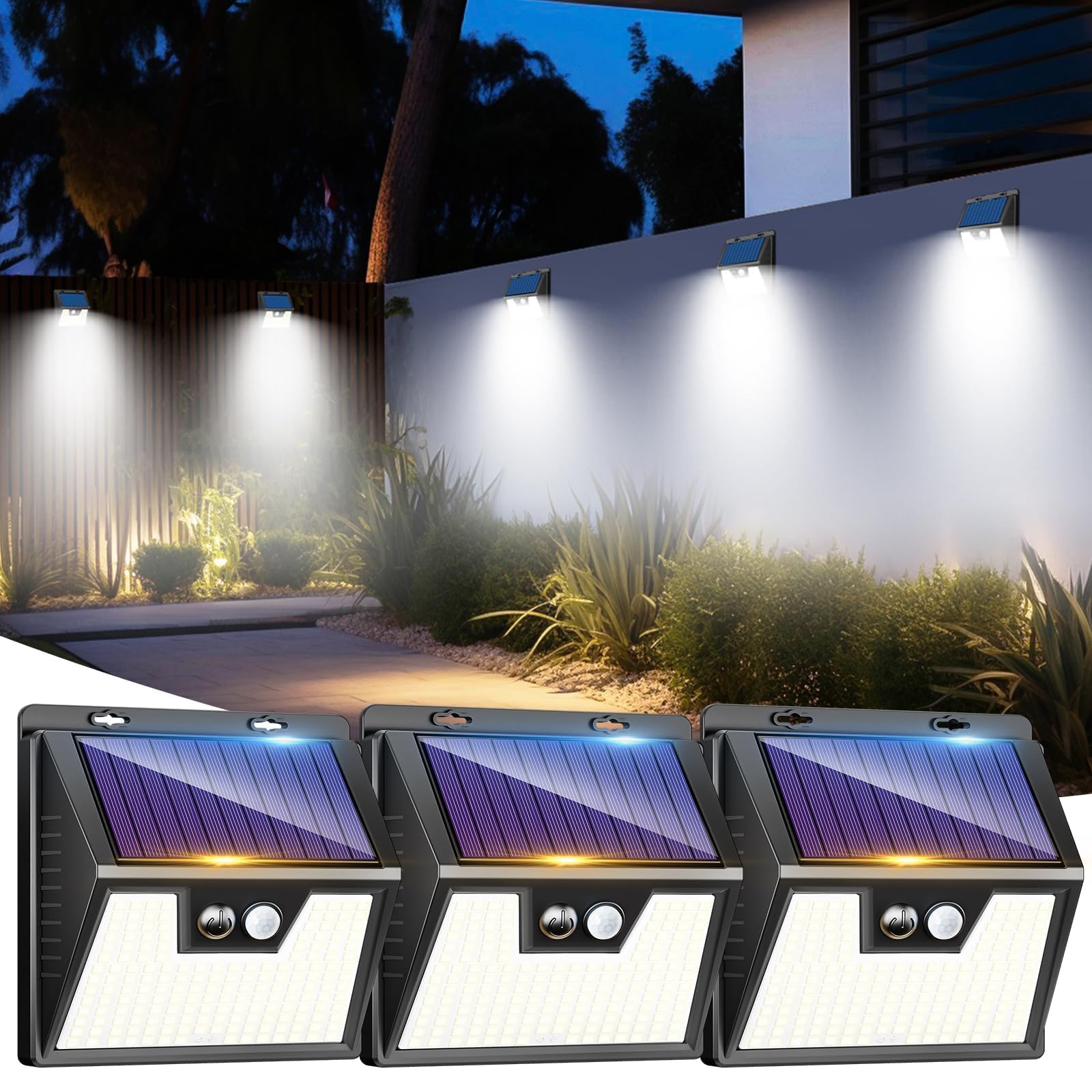 LOTMOS 3 Stück Solarlampen für Außen mit Bewegungsmelder, 176 Superhelle LED Solarleuchten für Aussen IP65 Wasserdichte, 3 Modi Solar Lampe Outdoor für Garten Garage Hof Draußen, Kaltes Weiß