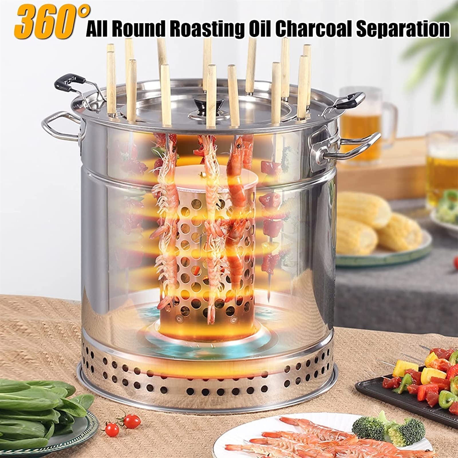 Vertikaler Grill Hängeofen Smoker Holzkohlefass BBQ Grill - Edelstahl BBQ Grill Mesh Barrel - Rolling Grillkorb