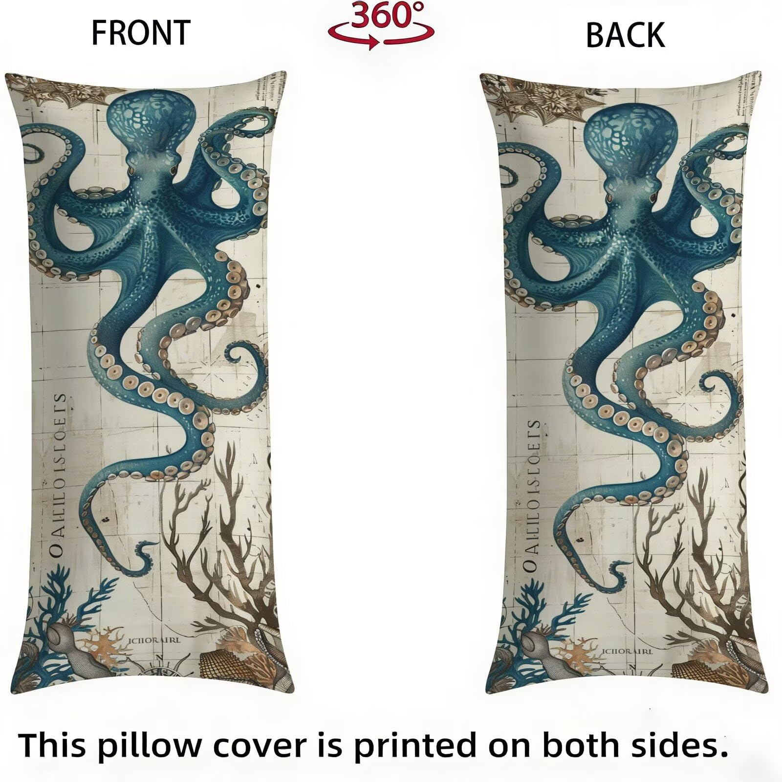 Funda de Almohada 60 x 180 cm Azul Protector Almohada 180 cm con Cremallera Invisible, Terciopelo Suave y Transpirable Pillow Case Pulpo Impresión a Doble Cara para Cama, Sofá y Dormitorio dg-458
