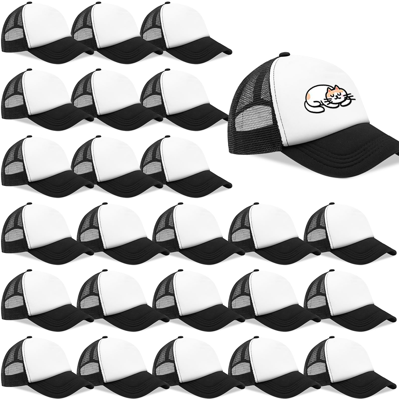 KisSealed 24 Pcs Sublimation Blank Trucker Hats Bulk, DIY Custom Baseball Caps Mesh Snapback Truck Cap for March Break Activities, Birthday Party, School Crafts, Black White