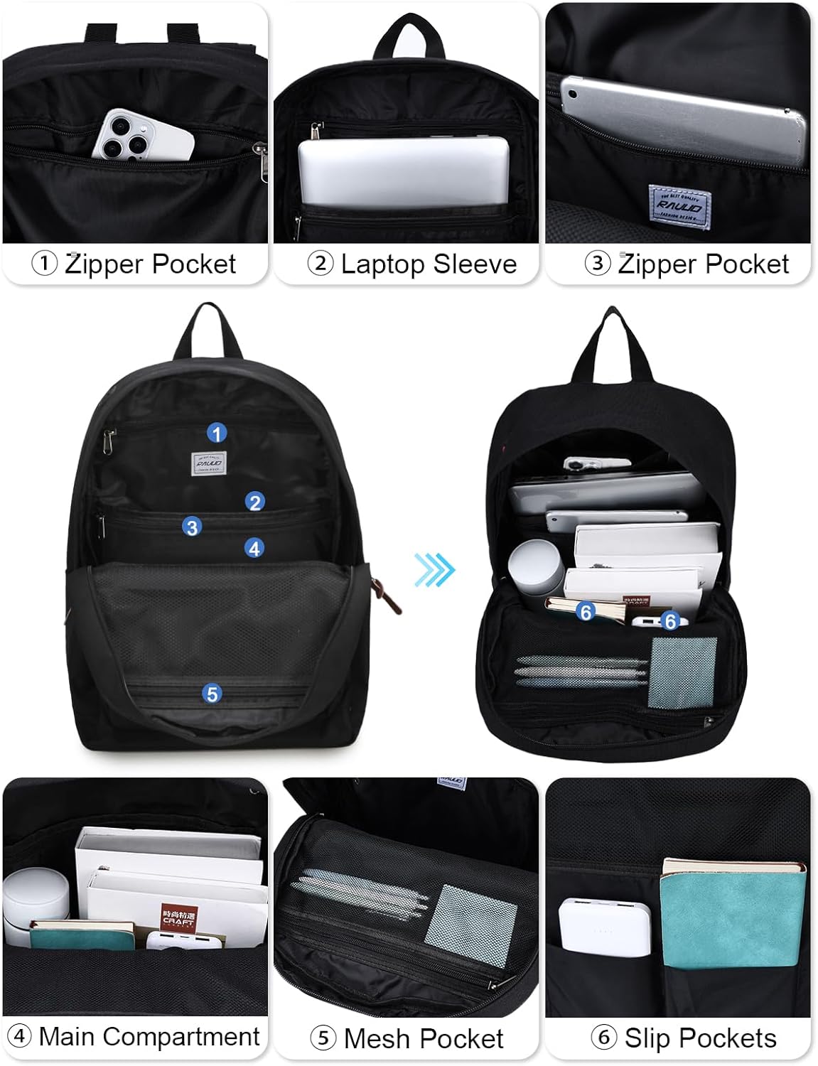 RAVUO School Backpack for Men Women | Classic College Bookbag for 15.6inch Laptop, Water Resistant Casual Daypack Schoolbag for Travel, Work, Black - Image 5