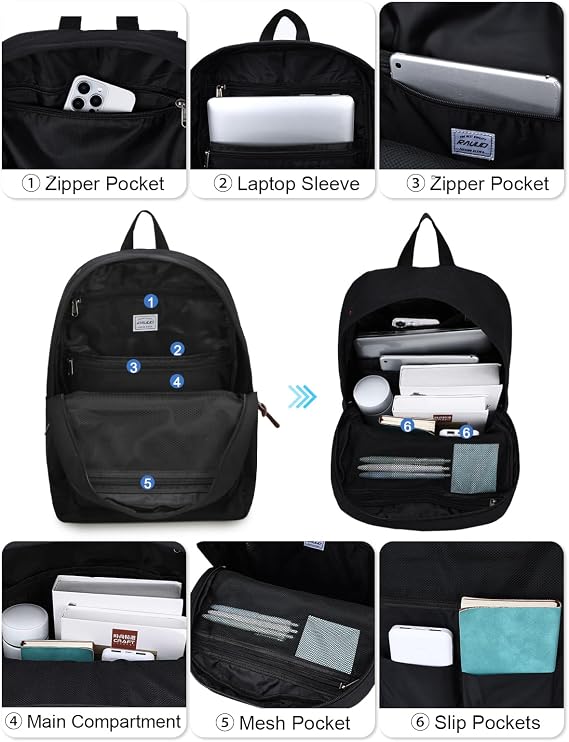 School Backpack,20L Water Resistant Black Laptop Rucksack Fits 15.6 Inch Laptop, Lightweight School Bag for Uni and College Students, Teens, Travel or Daily Use