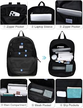 School Backpack,20L Water Resistant Black Laptop Rucksack Fits 15.6 Inch Laptop, Lightweight School Bag for Uni and College Students, Teens, Travel or Daily Use
