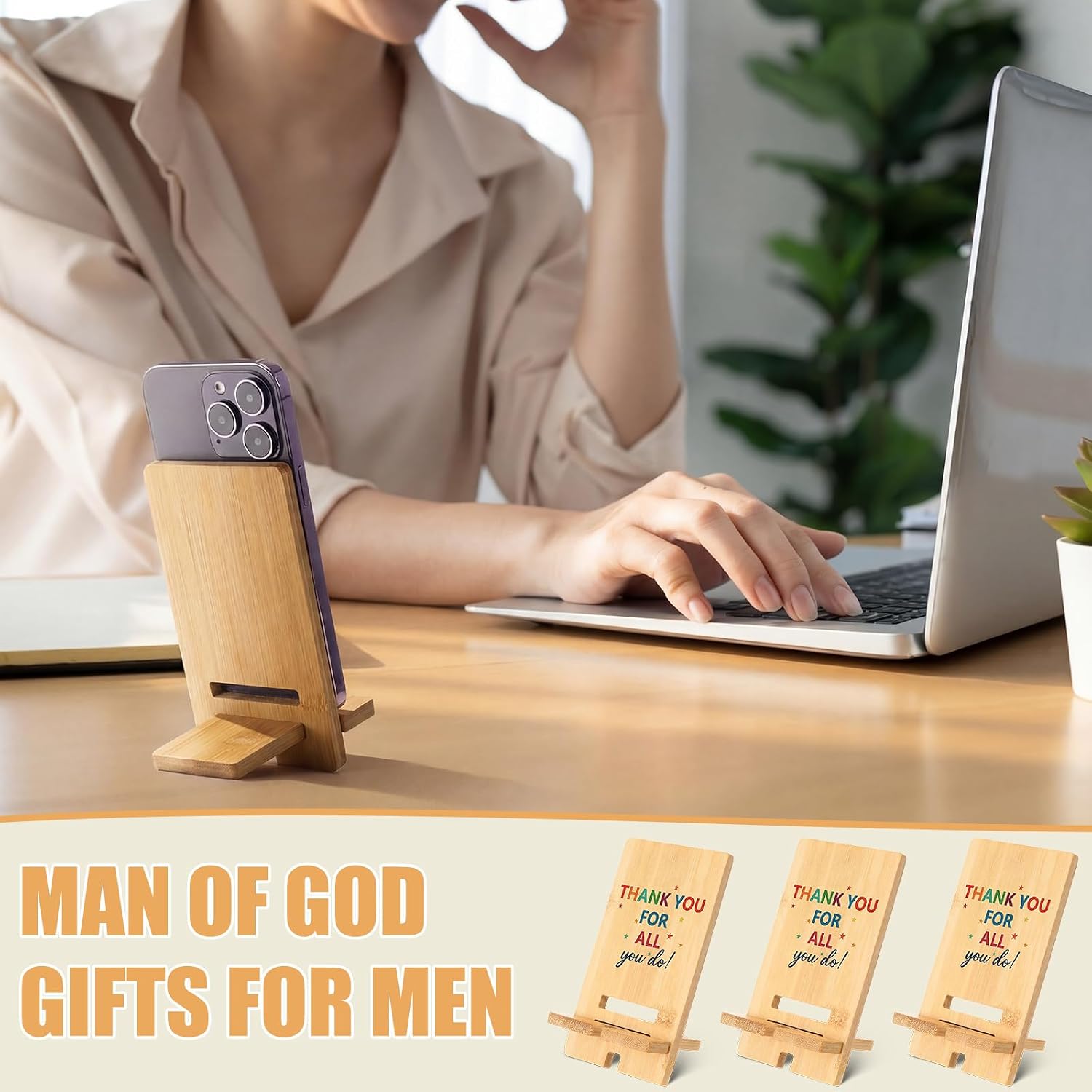 Ripeng 10 Pcs Employee Appreciation Gifts Bulk Bamboo Phone Stand for Desk Office Deocr Inspirational Thank You Phone Stand Gift for Women Men Coworker Employee Teacher Nurse image 5