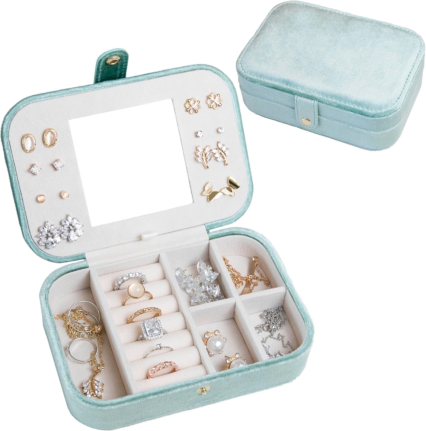 Customizable Velvet Jewelry Box with Mirror and Button Snap, Travel Jewelry Case, Travel Jewelry Organizer, Jewelry Box for Women and Girls, Jewelry Holder Organizer (Center Text, Emerald Green)