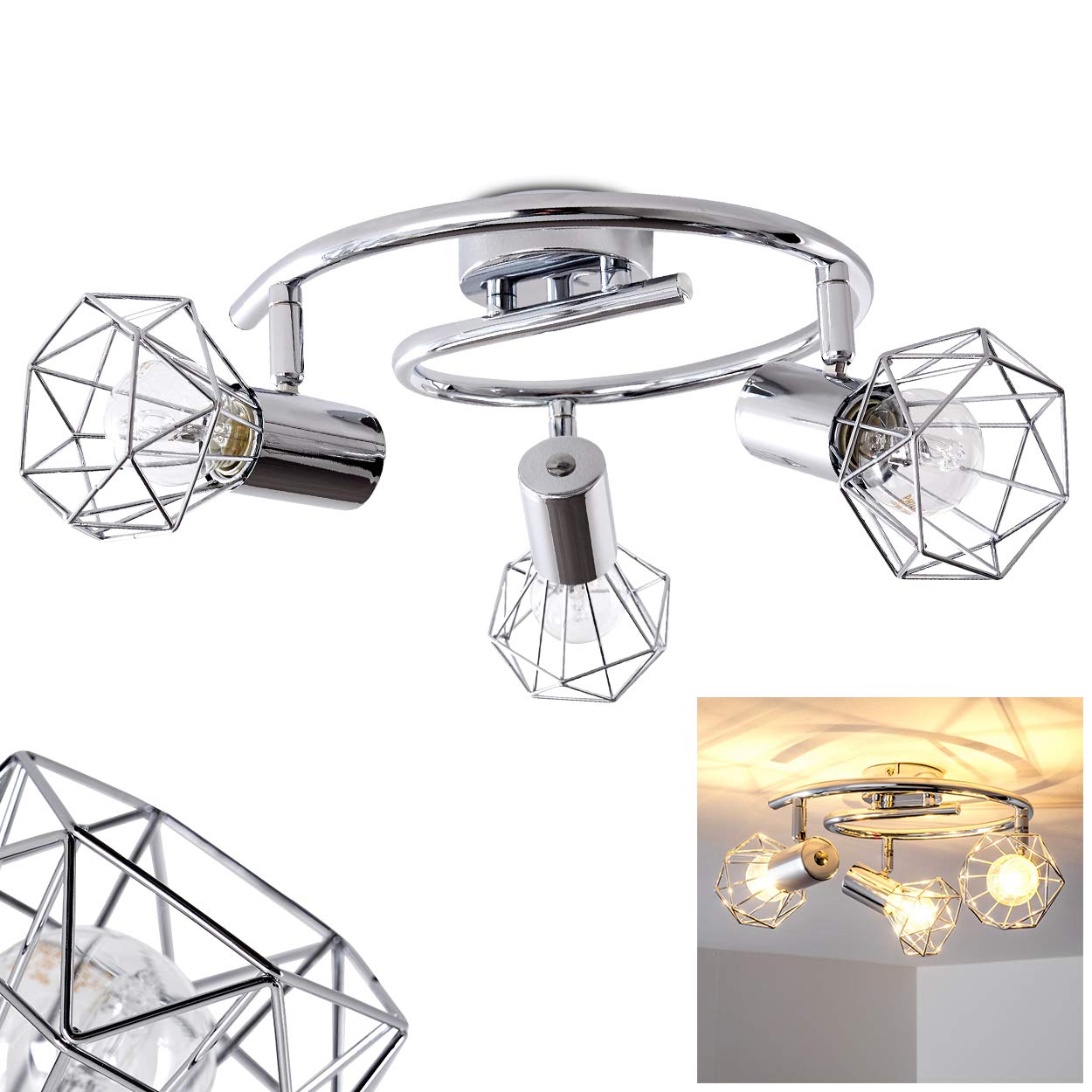 Plafoniera Orebro, plafoniera rotonda in metallo cromato, 3 luci, con faretti regolabili, 3 x attacco E14, spot dal design retrò/vintage, senza lampadina/e
