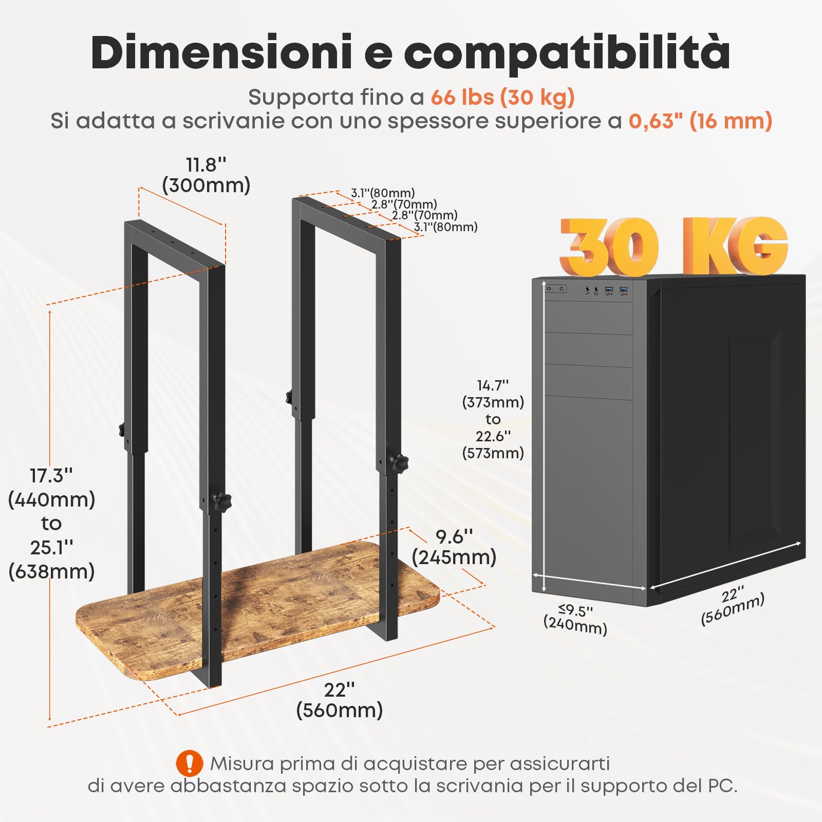 Supporto per PC resistente sotto la scrivania, regolabile in altezza sotto la scrivania, supporto CPU per PC, supporto salvaspazio da scrivania, carico massimo 29,9 kg, nero e marrone rustico