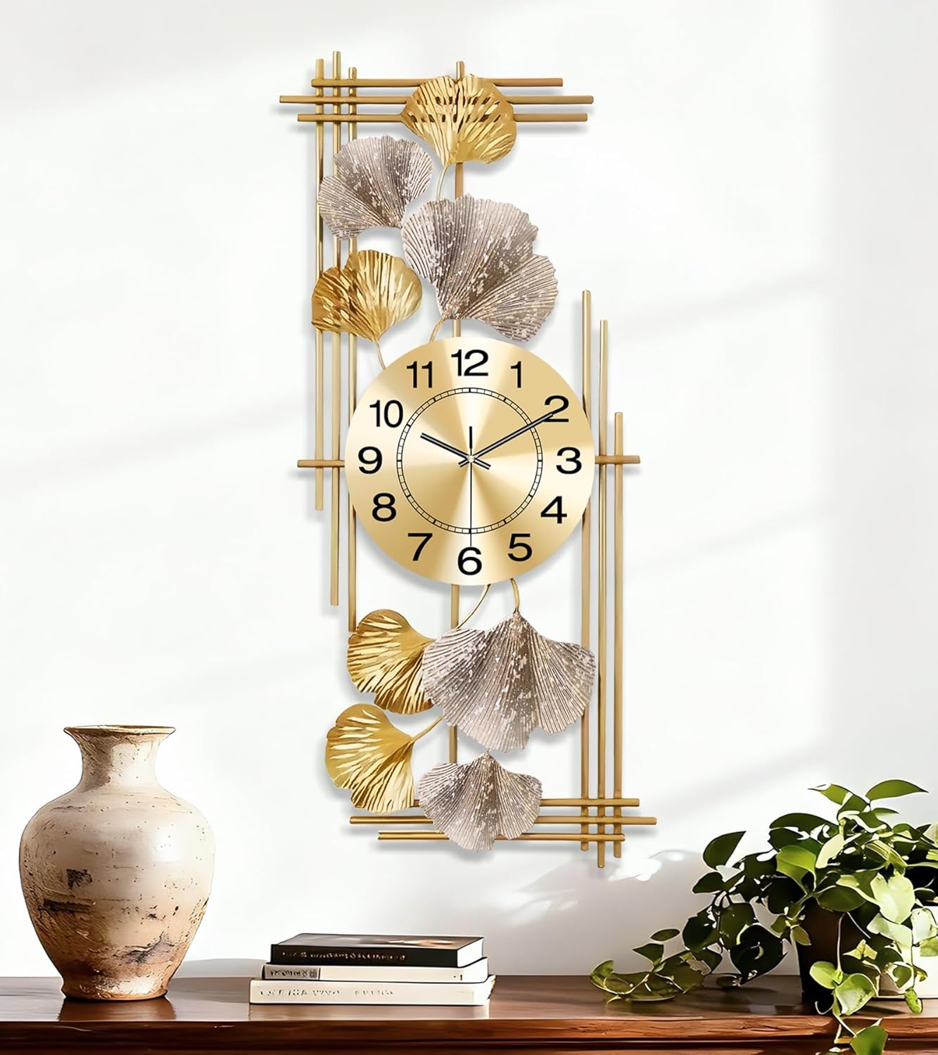 Large Wall Clock, Modern Clocks for Living Room, Ginkgo Leaf Design - Silent Wall Clock, Battery Operated, for Living Room,Bedroom,Kitchen,Study or Entryway Decor-28''