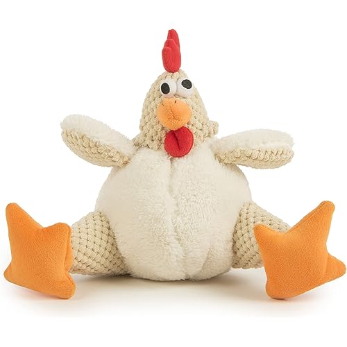 goDog Checkers Fat Rooster Squeaky Plush Dog Toy, Chew Guard Technology - White, Large