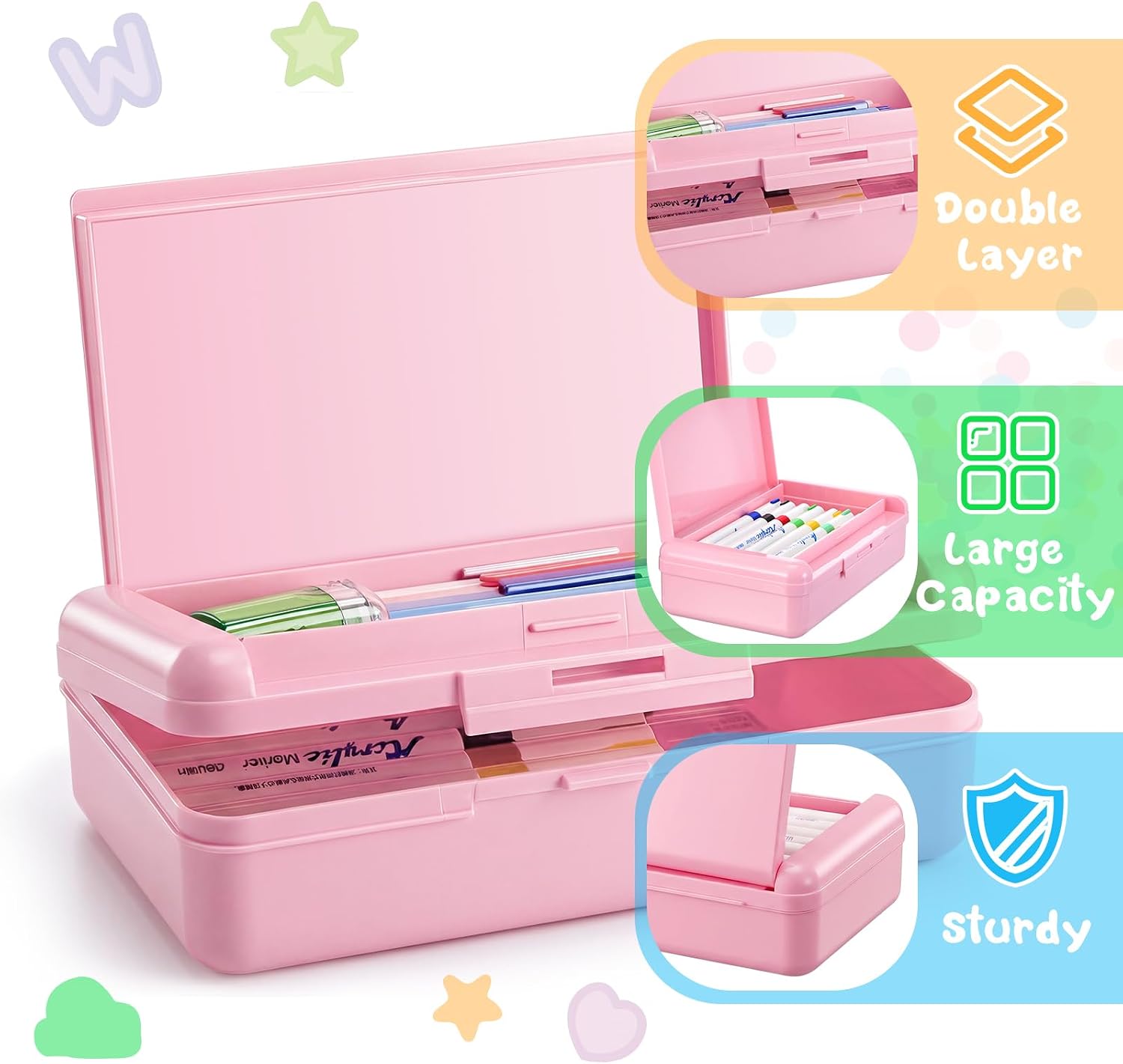 Fainne 1 Pcs Double Layer Plastic Pencil Box with 3 Stickers,Solid Pink image 3