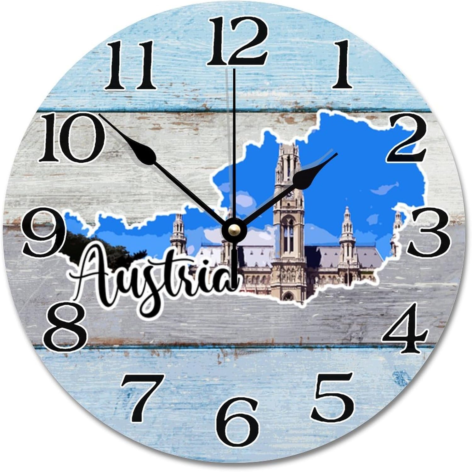 Austria Map Travel Wall Clock Austria Cityscape Tourist Attractions Large Wooden Wall Clocks Battery Operated 12 Inch Quiet Farmhouse Hanging Clock Wall Decor Gift for Foreign Friend