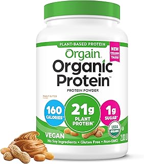 Orgain Organic Vegan Protein Powder, Peanut Butter - 21g Plant Protein, 7g Prebiotic Fiber, Low Net Carb, No Dairy Ingredients, No Added Sugar, For Shakes & Smoothies, 2.03 lb (Packaging May Vary)