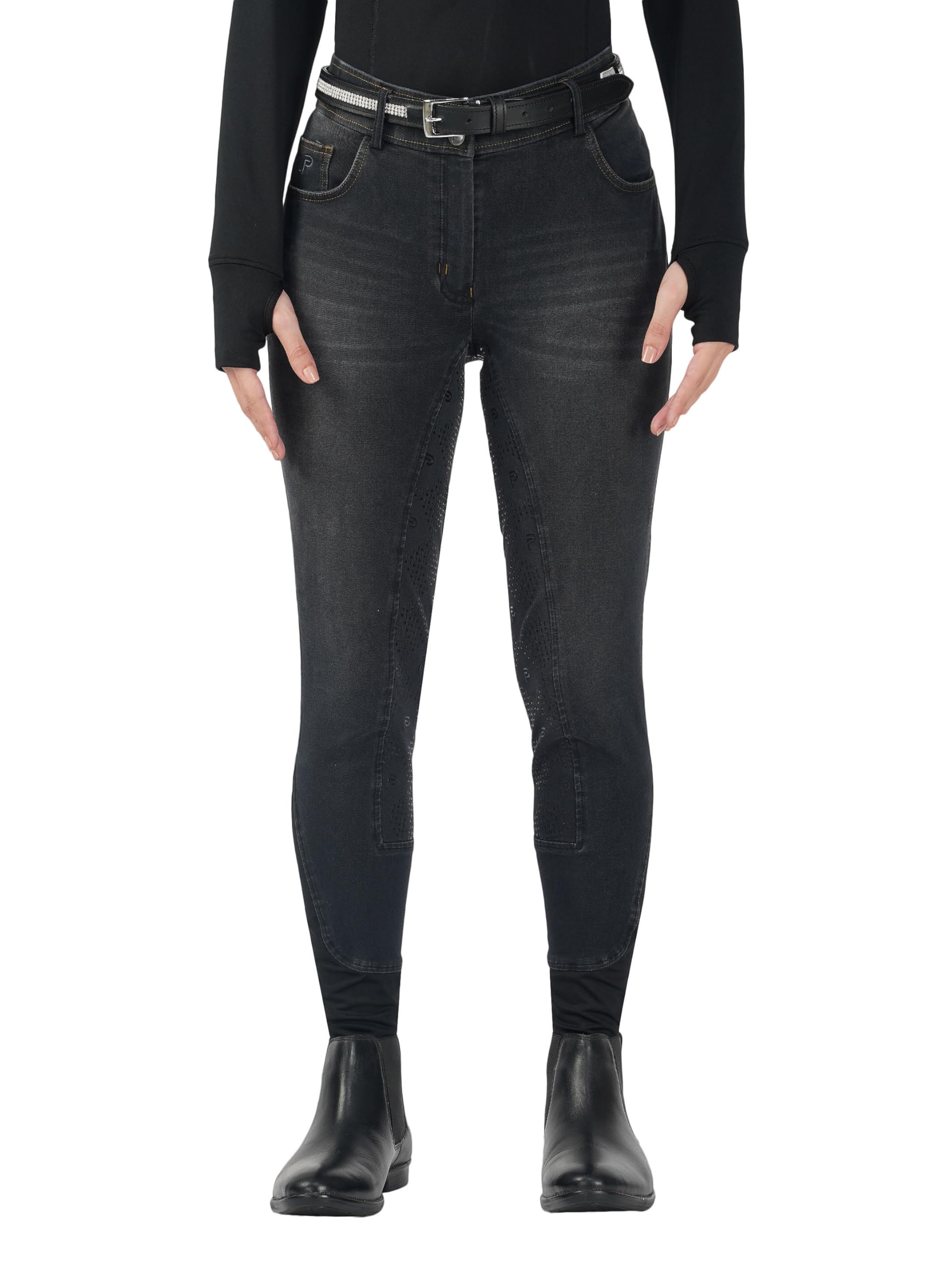Preto Pantaloni da equitazione da donna in denim di alta qualità, con seduta completa, impugnatura in silicone, morbidi ed elastici, pantaloni da equitazione con tasche