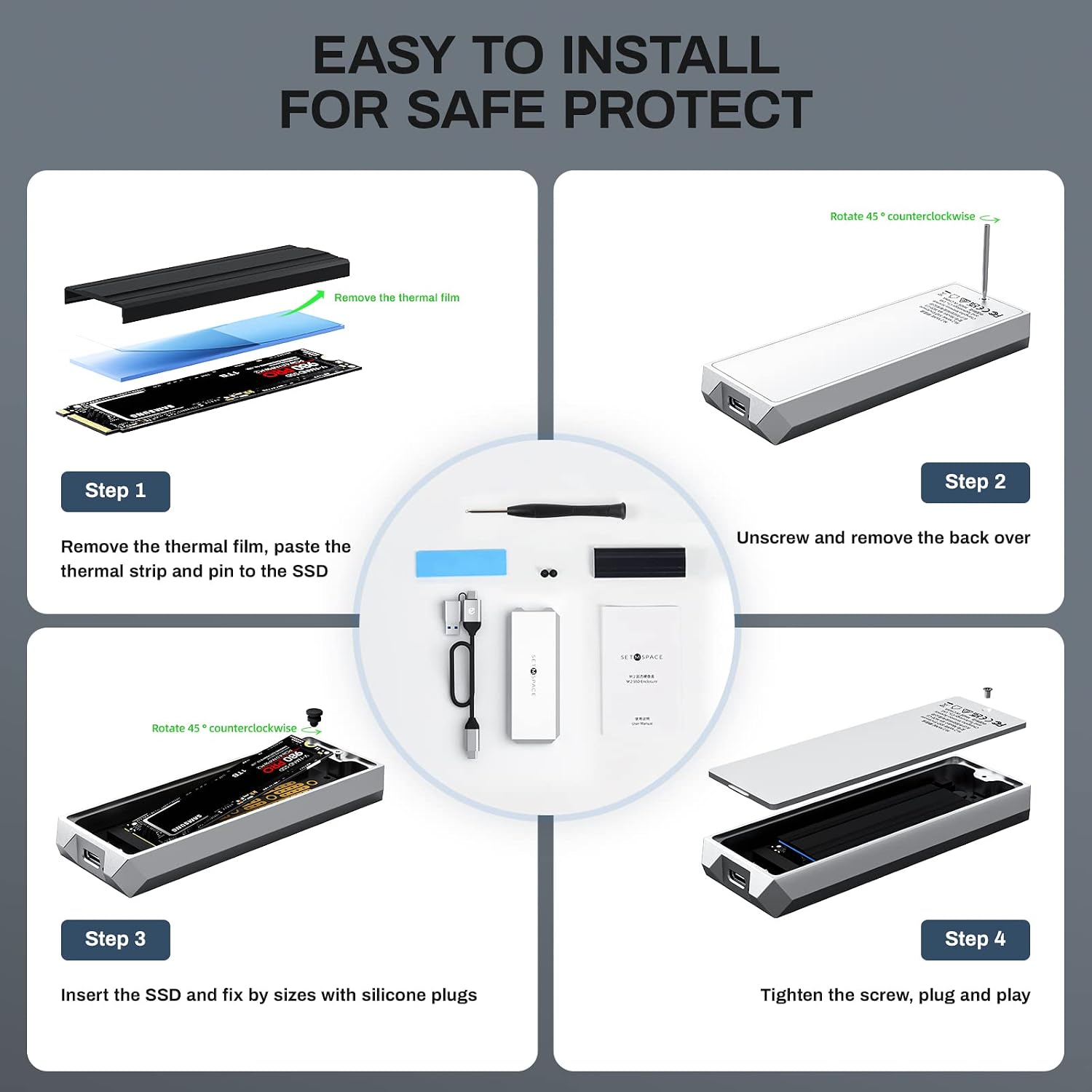 NVME Enclosure ['Tough Guy' Quality], 20 Gbps M.2 Enclosure for M-Key PCIe NVME, Solid Aluminium Alloy SETMSPACE M.2 Enclosure with USBC/A Cable, Screw Fixed SSD Enclosure for 2230/2242/2260/2280