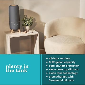 Homedics Ultrasonic Humidifier, Bedrooms and Home Offices, 0.97-Gallon Tank | 45-Hour Runtime, Visible Ultra-Quiet Cool Mist, Aromatherapy, Demineralization Cartridge, Night-Light, Auto-Off, Platinum
