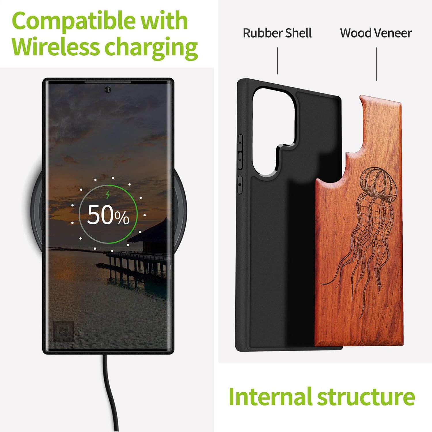 Carveit Wood Case for Galaxy S24 Ultra Case [Natural Wood & Black Soft TPU] Shockproof Protective Cover Unique Wooden Design Compatible with Samsung S24 Ultra (Art Jellyfish-Rosy)