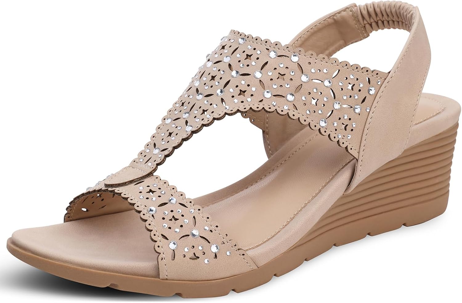 SHIBEVER Womens Sandals Wedge Low: Elastic Ankle Strap Wedge Sandals – Dressy Sandals Women – Comfortable Open Toe