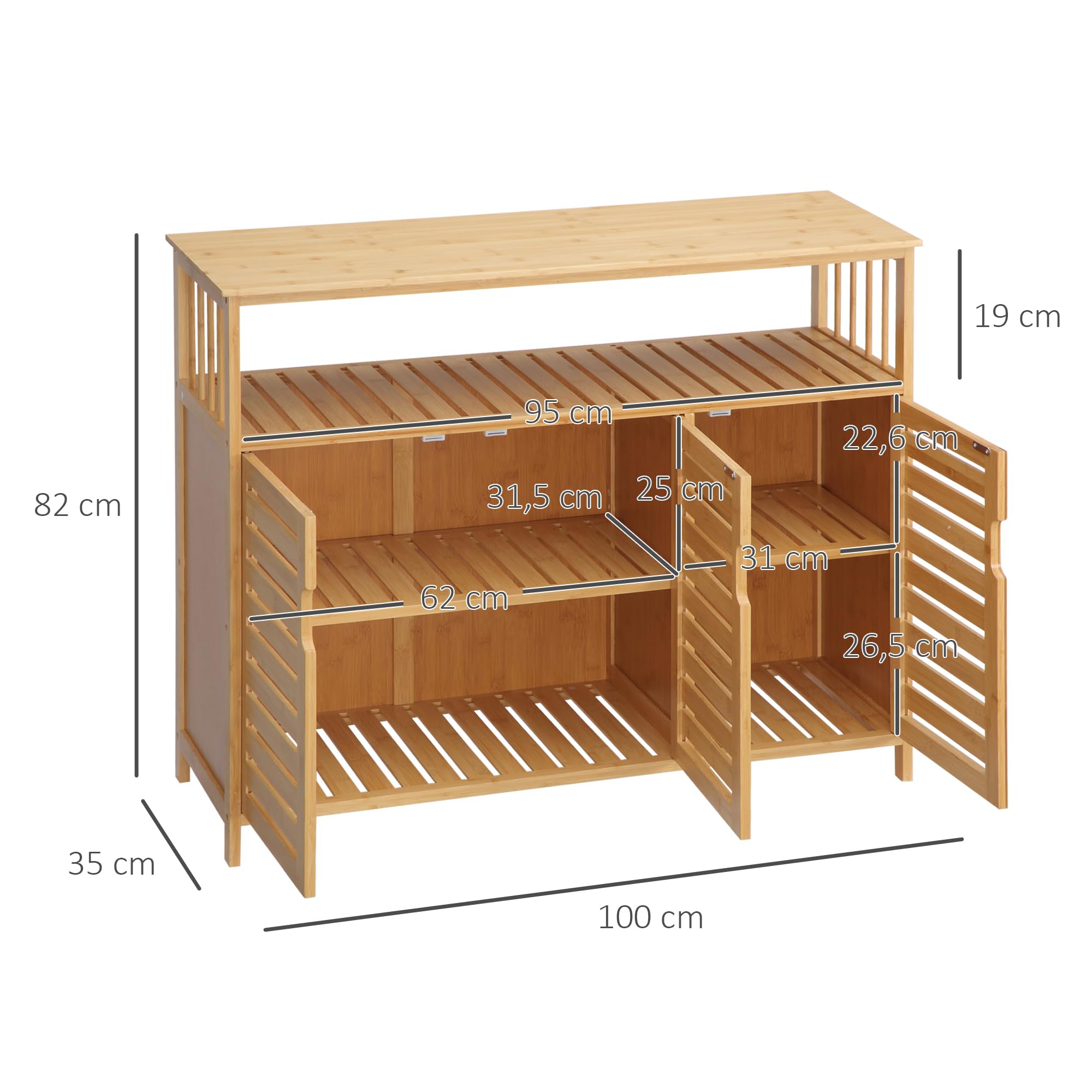 HOMCOM Buffet Meuble de Rangement Bois Bambou 3 Portes 100 x 35 x 82 cm | Étagères