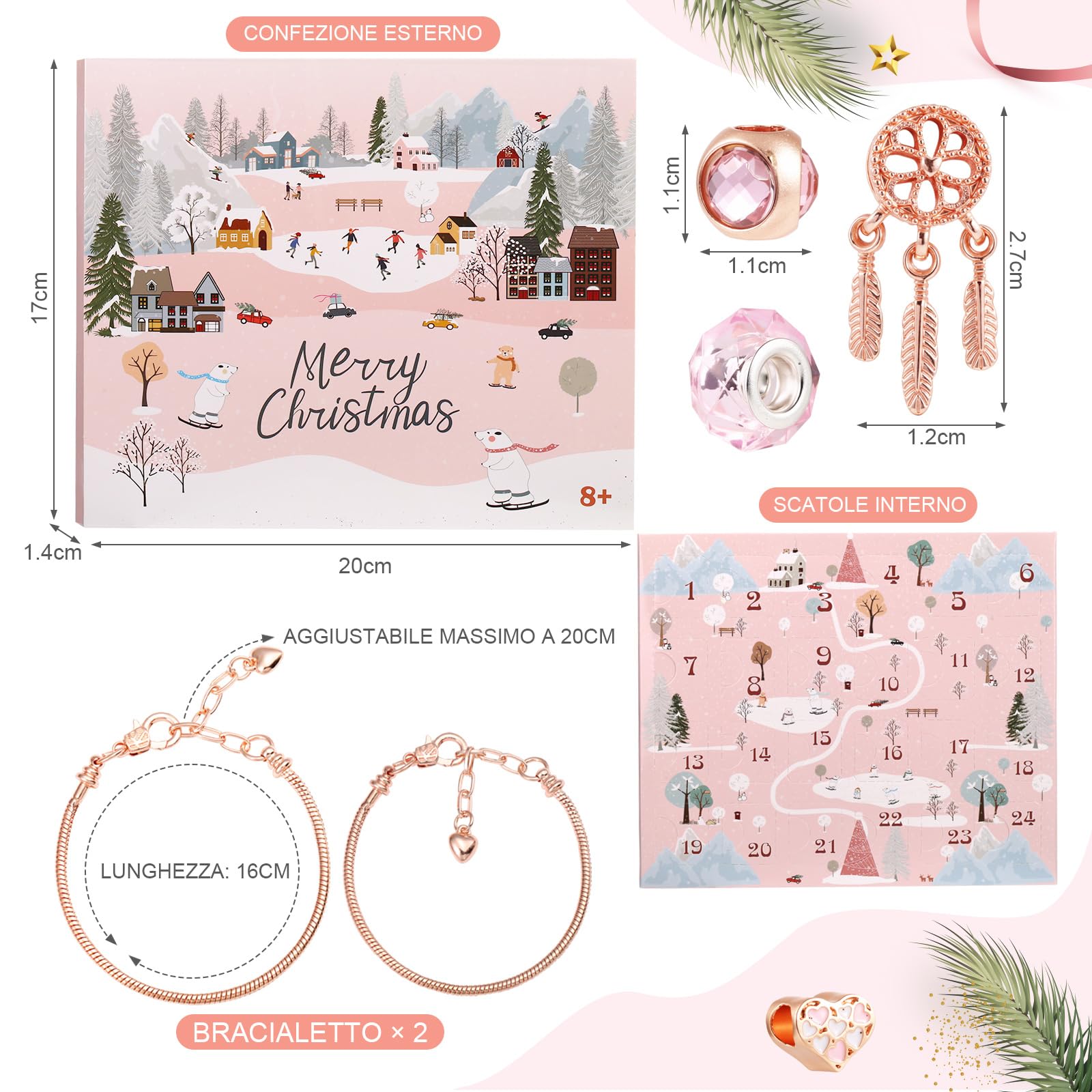 LEMESO Calendario Avvento 2025 Bambina, Calendario Avvento Ragazza Braccialetti Fai da Te, Gioielli per Bambine 6 7 8 9 10 11 12 13 Anni, Regalo Natale (Oro Rosa)
