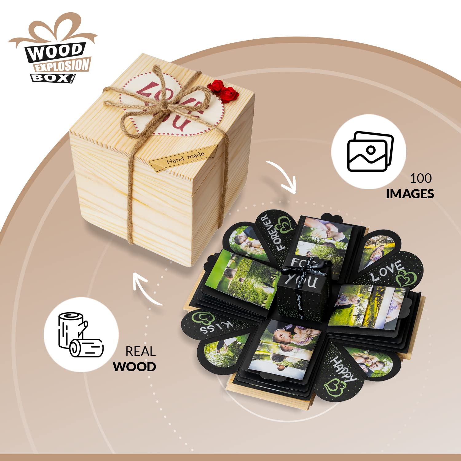 WoodExplosionBox Czarne Explosion Box w Drewnianym Pudełku - Pudełko niespodzianka ze zdjęciami - Pomysł na Prezent - Zaręczyny Rocznica Walentynki Urodziny Dzień Matki - Pudełko wybuchowe DIY
