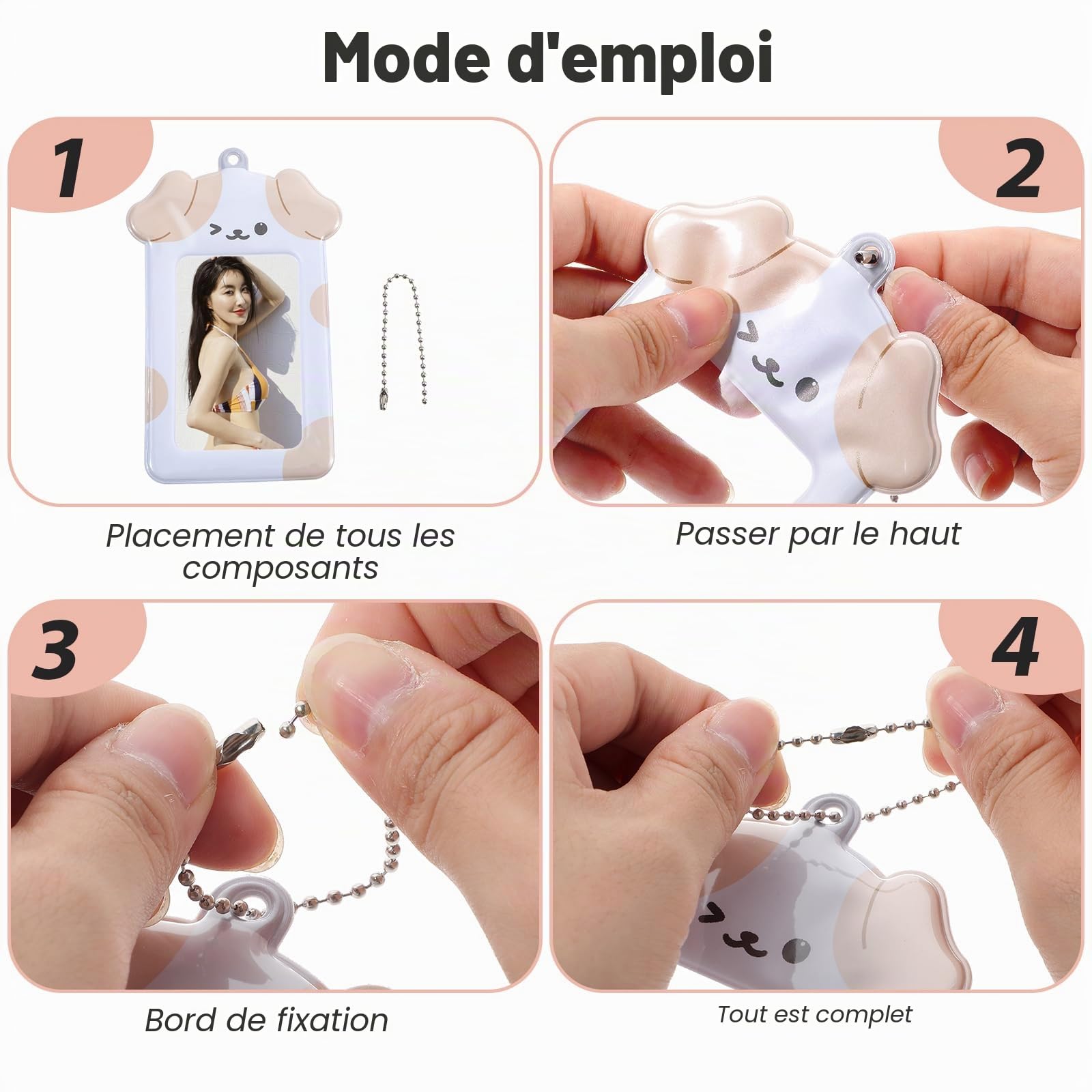 Yuanchu Kpop Lot de 4 porte-cartes photo mignons avec pendentif chaîne Kawaii pour cadre photo, carte d'identité, 7,6 cm, porte-carte d'identité, porte-carte d'identité, porte-carte de bus