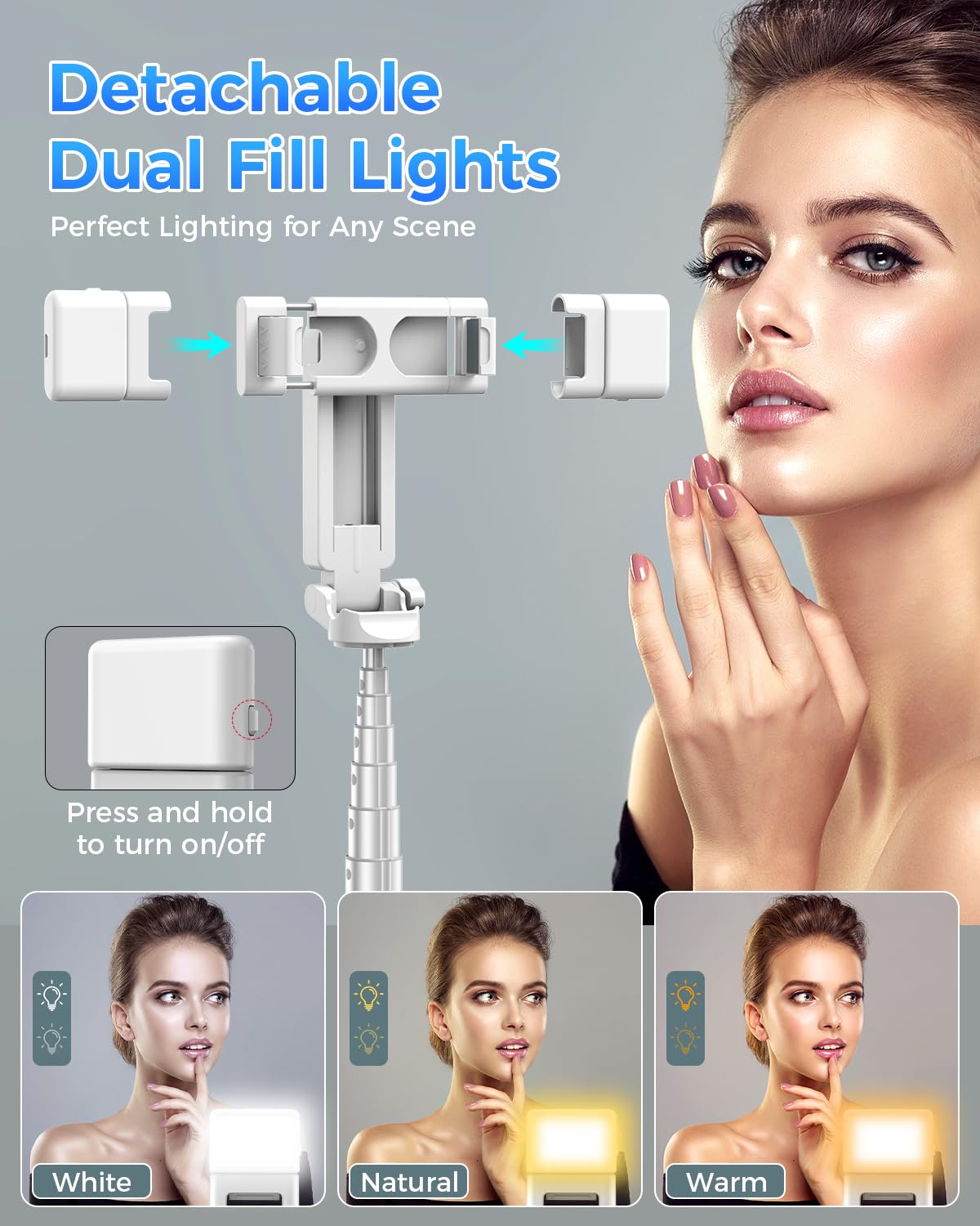 Treppiede per telefono 3 in 1 con luci LED e telecomando, supporto estensibile per selfie, compatto, portatile, con telecomando Bluetooth per iPhone/Android, vlogging e fotografia (bianco)