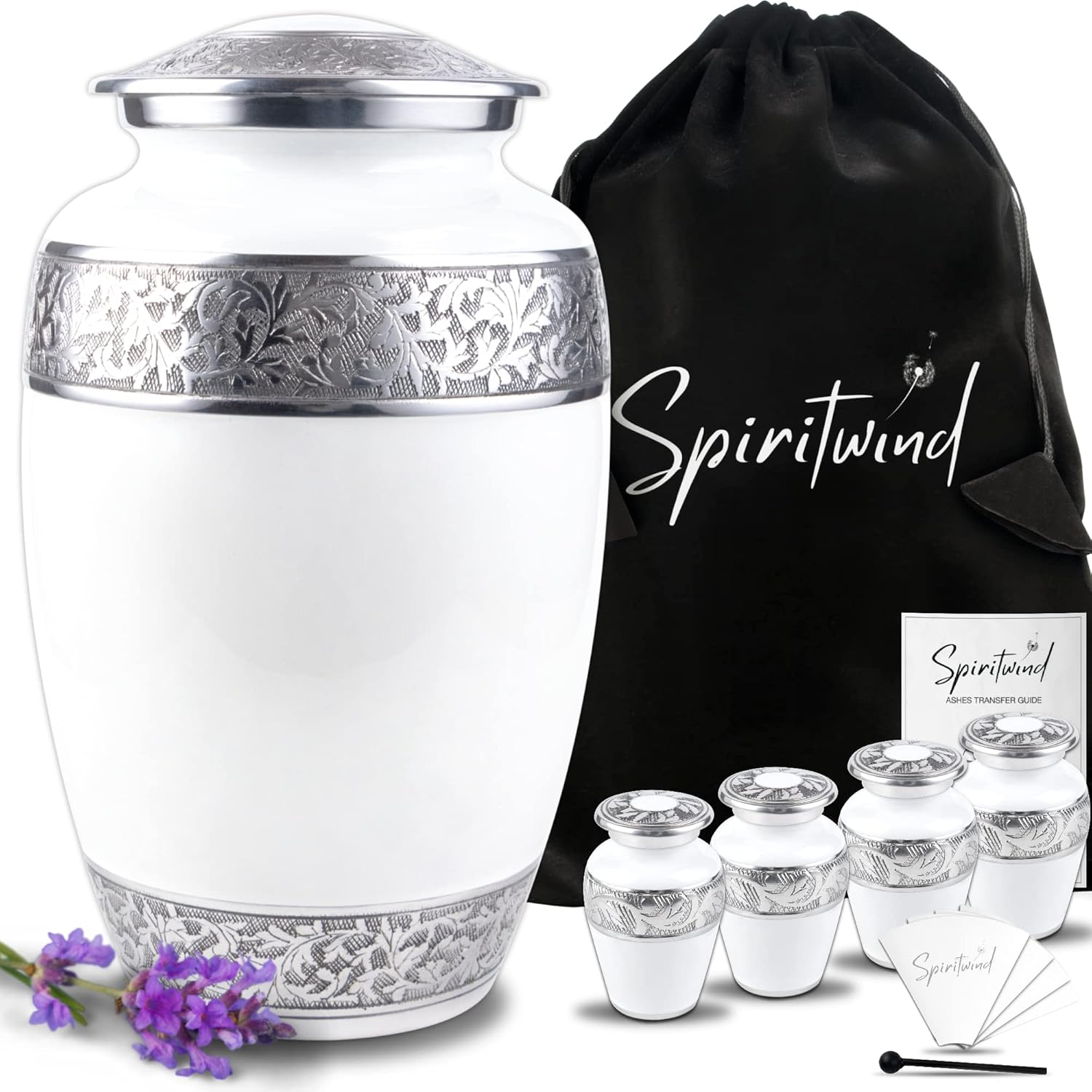 Set of 5 Handmade Cremation Urns for Human Ashes Adult Man or Woman - Hand Engraved Cremation Urn Set of 5 Featuring 1 Large Urn for Ashes with 4 Matching Keepsakes, Funnels & Bags (Eternal White)