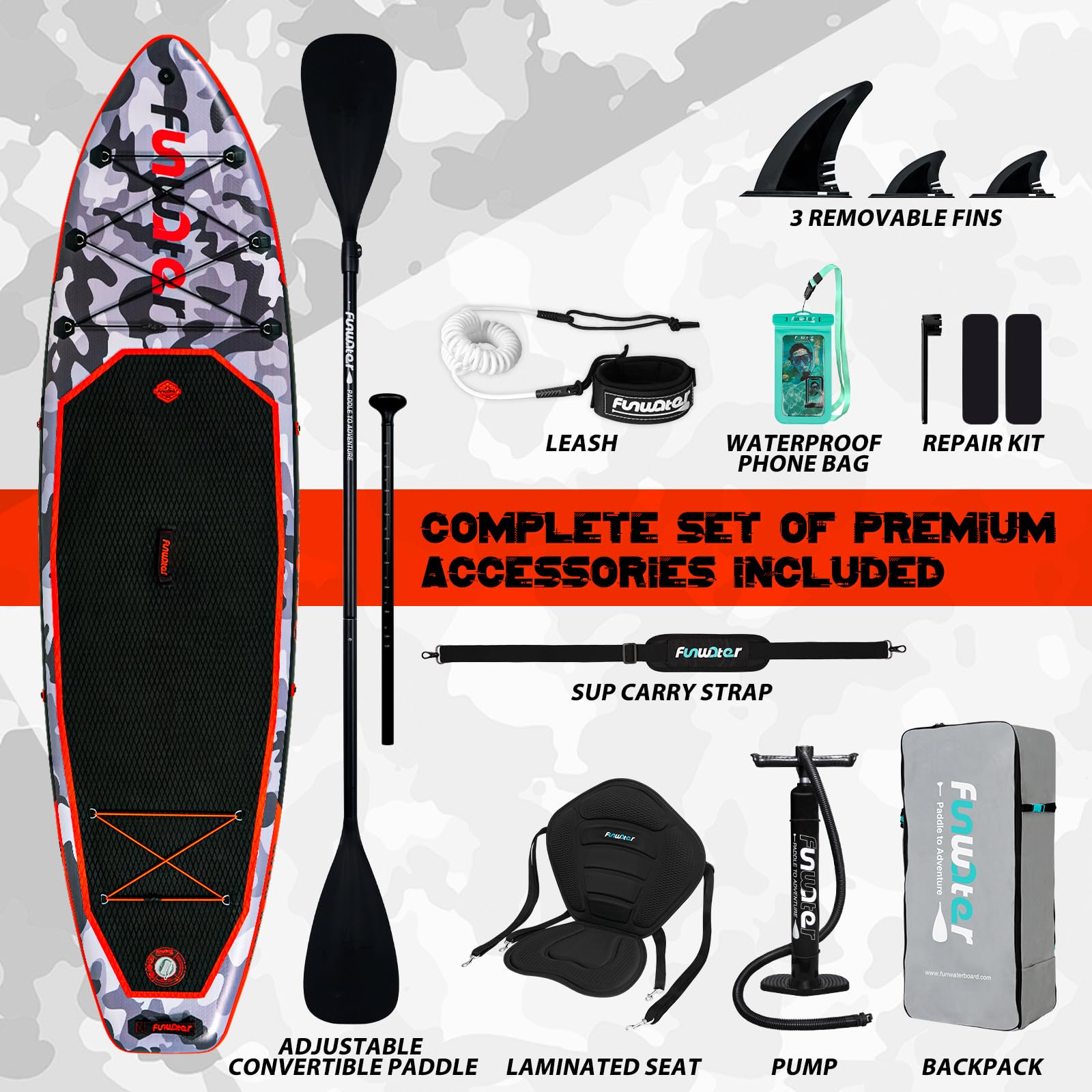 FunWater Nadmuchiwana deska SUP 330 cm – kompletny zestaw z wiosłem, plecakiem, pokrowcem na telefon komórkowy, 3 płetwami, pompką, siedziskiem i paskiem na ramię – deska SUP dla początkujących i