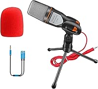 Vista 2 de Microfono para computadora, microfono de condensador, micrófono omnidireccional de 3.5 mm enchufar y reproducir con soporte de escritorio