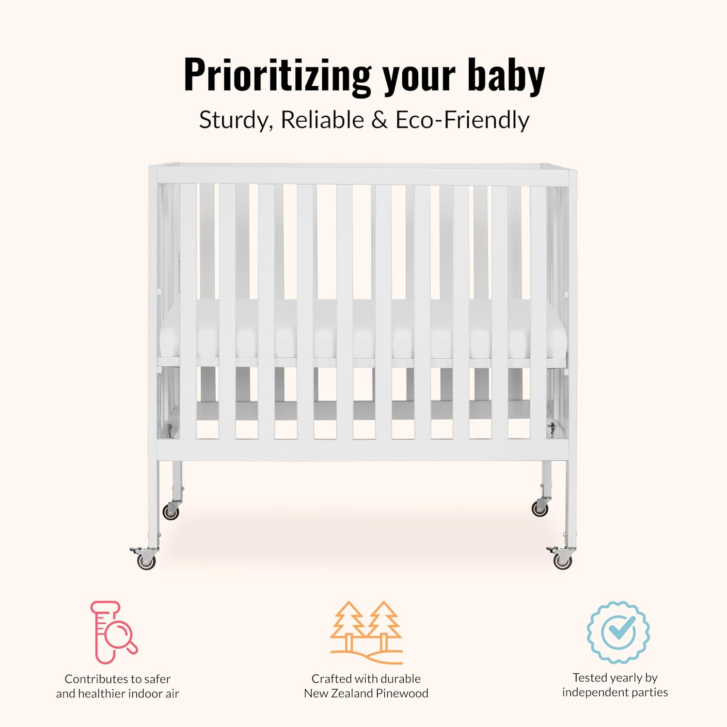 Dream On Me Jett Mini Folding Baby Crib in White, GreenGuard Gold & BSA, Lightweight & Portable, Patented Flat Folding System for Small Spaces & Travel, 1.5” Mattress Pad, 3 Heights, Safe Wheels