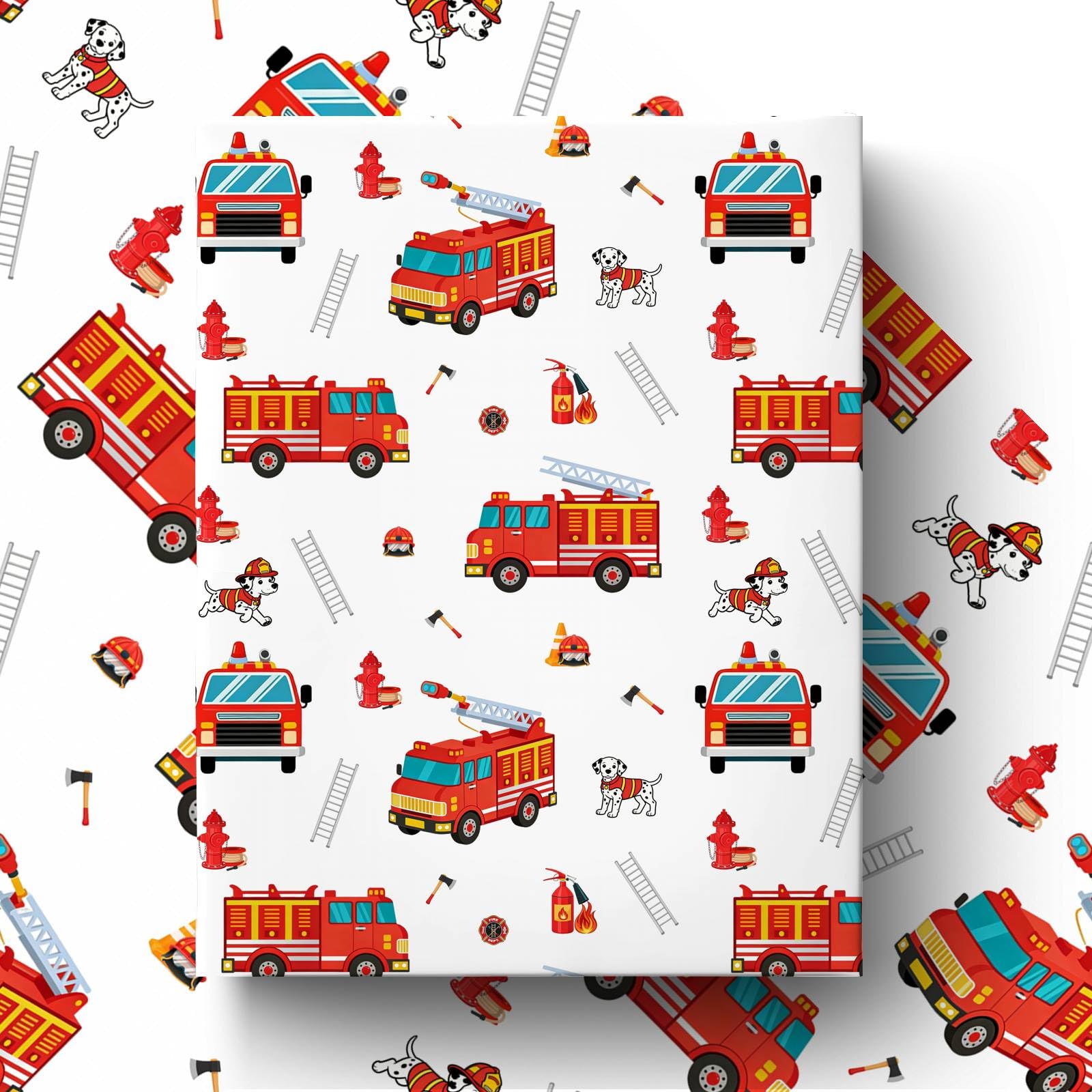 GleeWrap Fire Truck Wrapping Paper 4 Sheets 50x70cm Boys Birthday Gift Wrap for Toddlers, Fire Engine Dalmatian Design for Themed Parties & Baby Showers