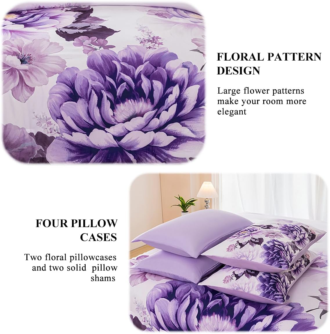 Purple Comforter Set Queen 7 Pieces Floral Bedding Set for Women Flower Bed Set Soft Reversible Pink Peony Bed in A Bag with Sheets(Purple, Queen) - Image 7
