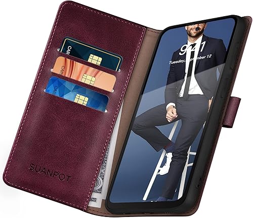 Miniatura 4 de SUANPOT Funda tipo cartera para PU Moto Edge 2021, Rojo vino, Compacto