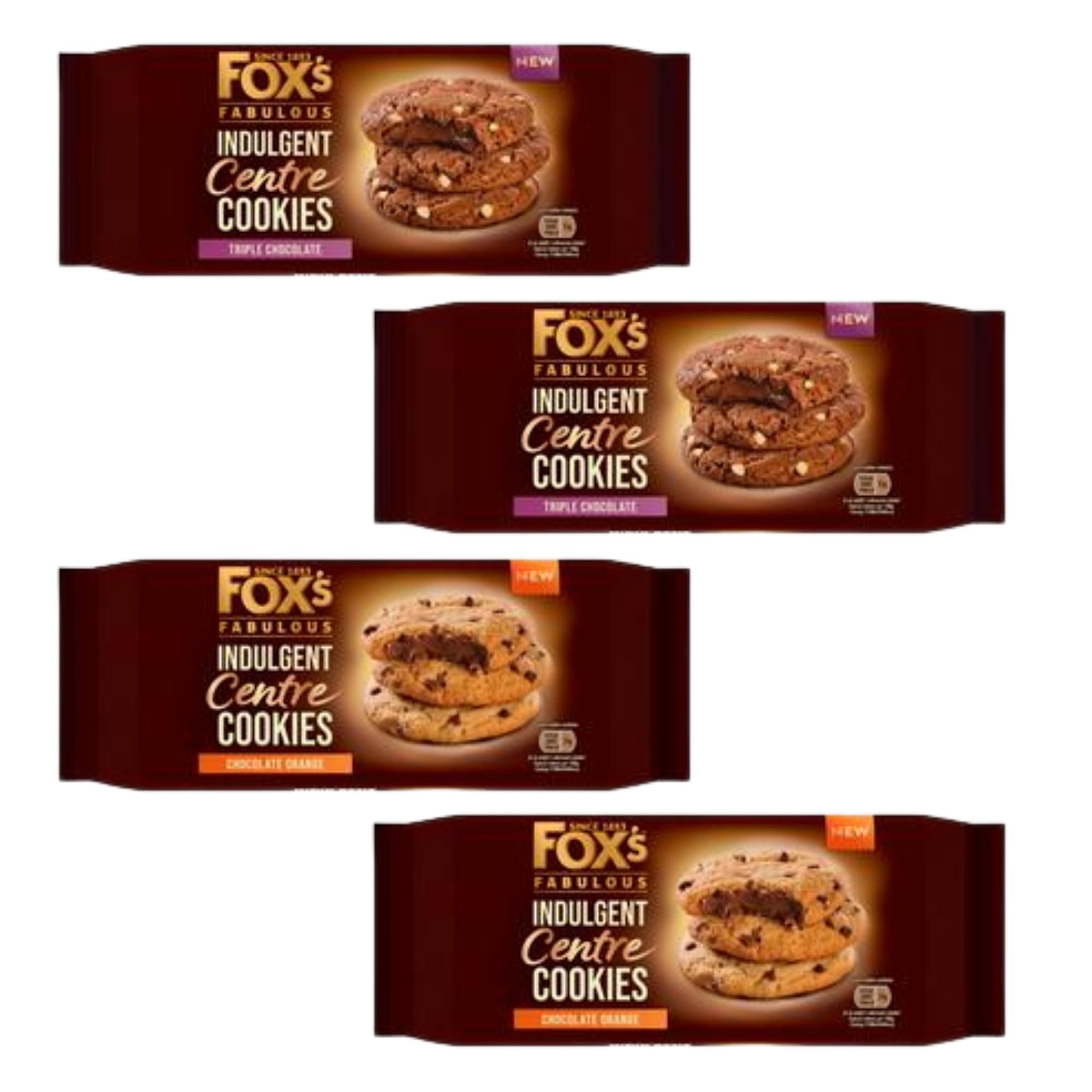 Chocolate Cookies Bundle with 4 x Fox's Indulgent Centre Cookies Chocolate (160 g each) | 2 x Triple Chocolate Biscuit and 2 x Chocolate Orange with Hubsidia TY Card