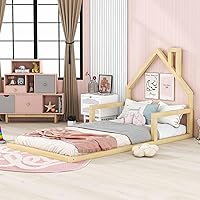 Vista 3 de Harper & Bright Designs Cama de piso de casa tamaño individual para niños con cabecero, listones de madera, no necesita somier, natural