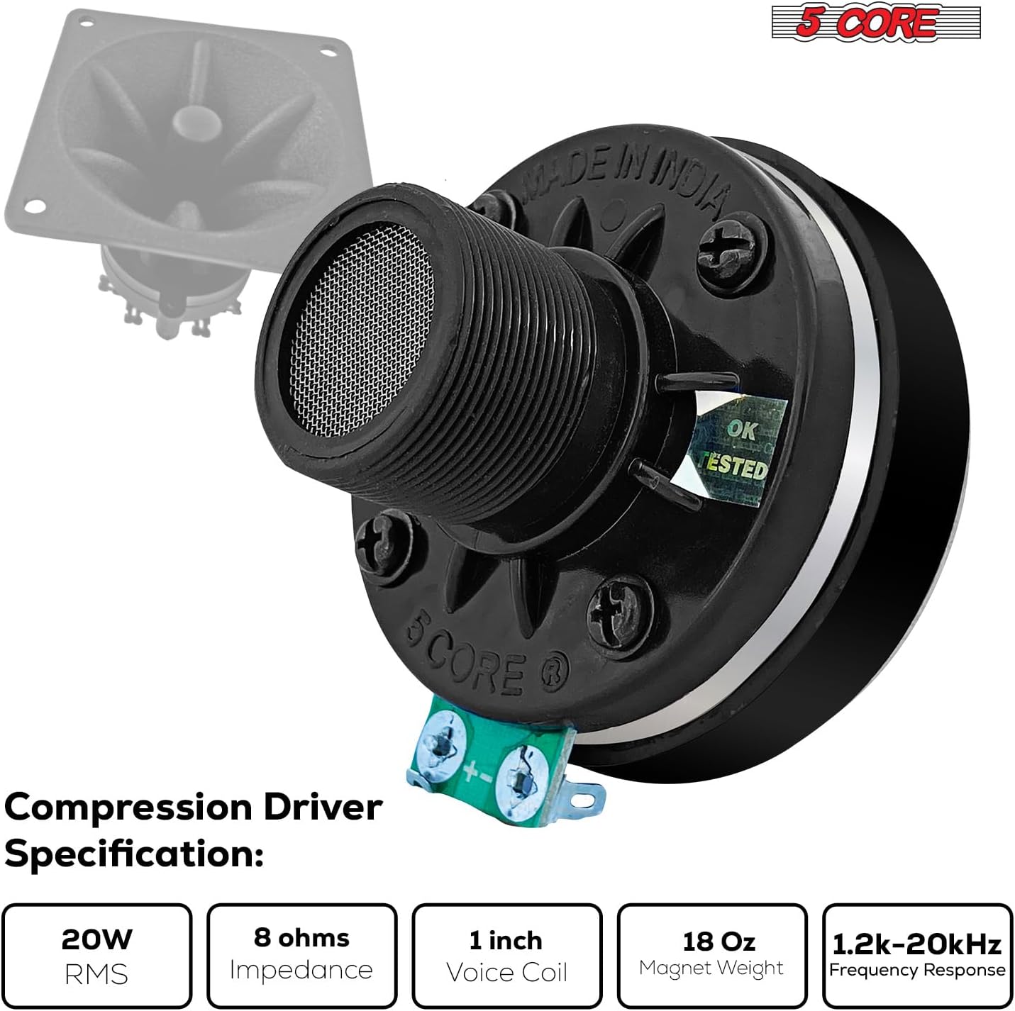 5 CORE Horn Speaker 1" Audio Tweeter Compression 200W Driver Phenolic Diaphragm 8 Ohm Screw On Throat Twist Tweeters - 5C-D26