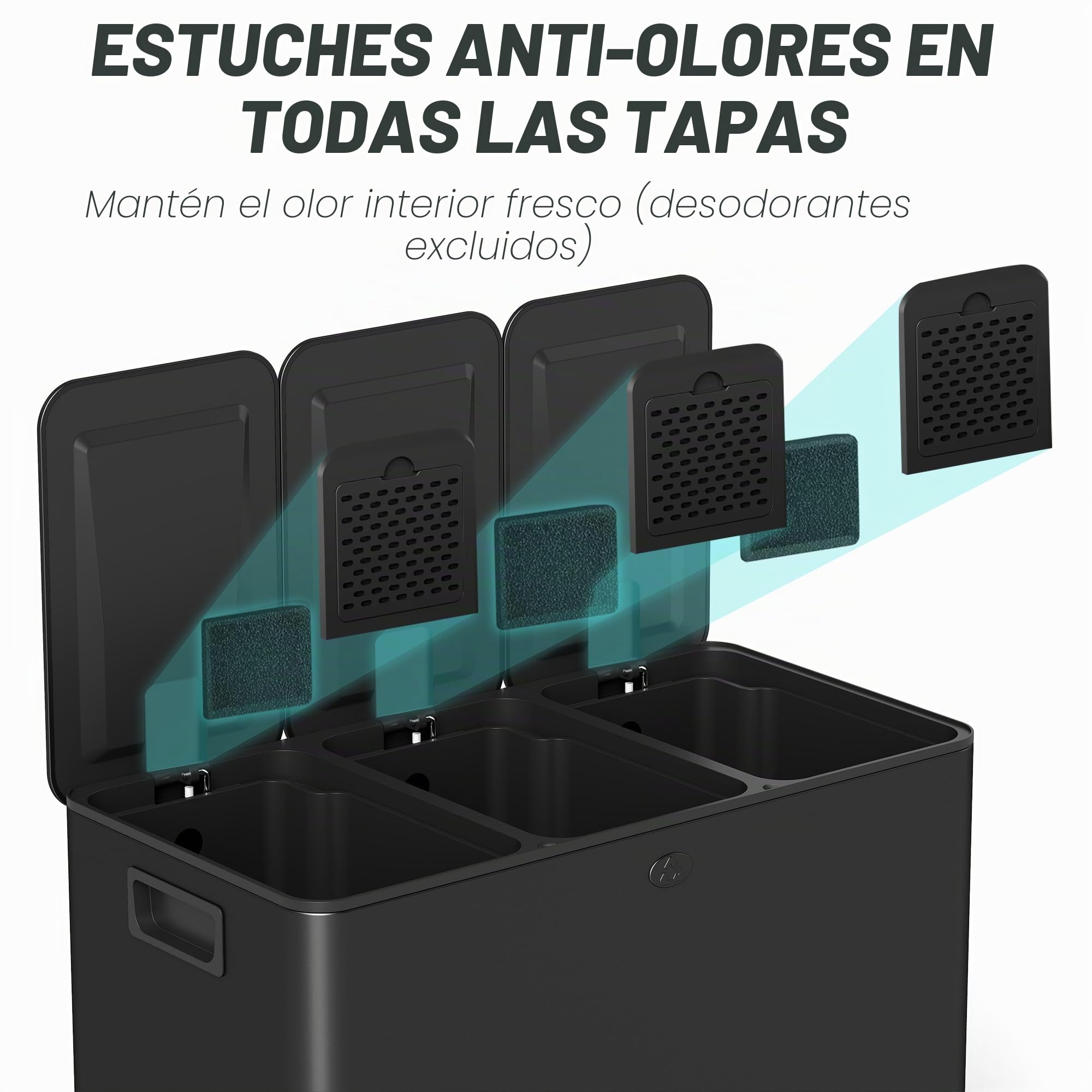 HOMCOM Triple cubo de cocina 3x15L Pedal Acero inoxidable Negro | Tres compartimentos, cubos interiores extraíbles, cierre suave, a prueba de huellas, para reciclaje y residuos