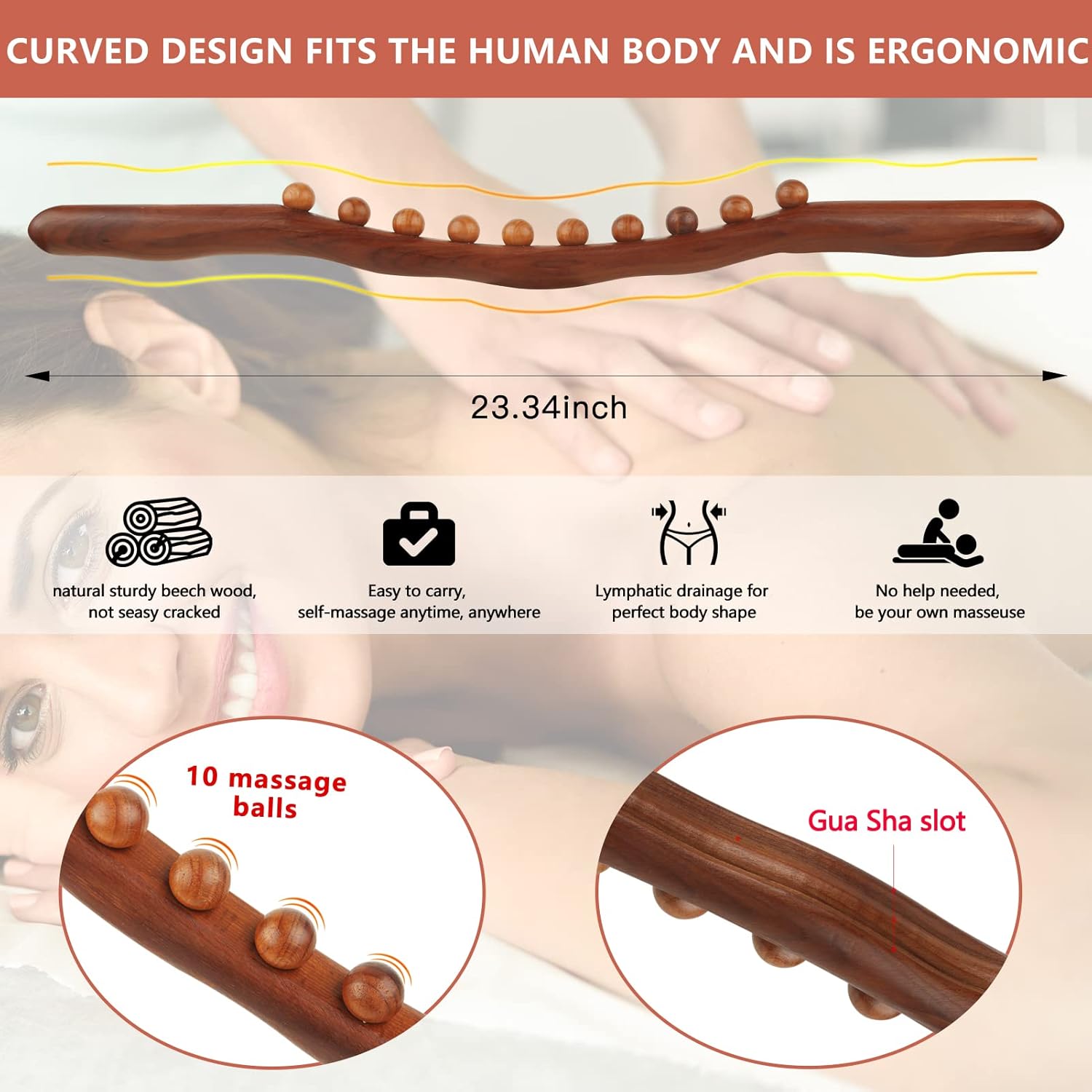 Wood Therapy Lymphatic Drainage Massage Roller Stick Tools,Myofascial Release Tool Stomach Cellulite Massager,Ease Neck Back Waist and Leg Pain Handheld Self Body Sculpting Massage Tool（10 Balls） : Health & Household