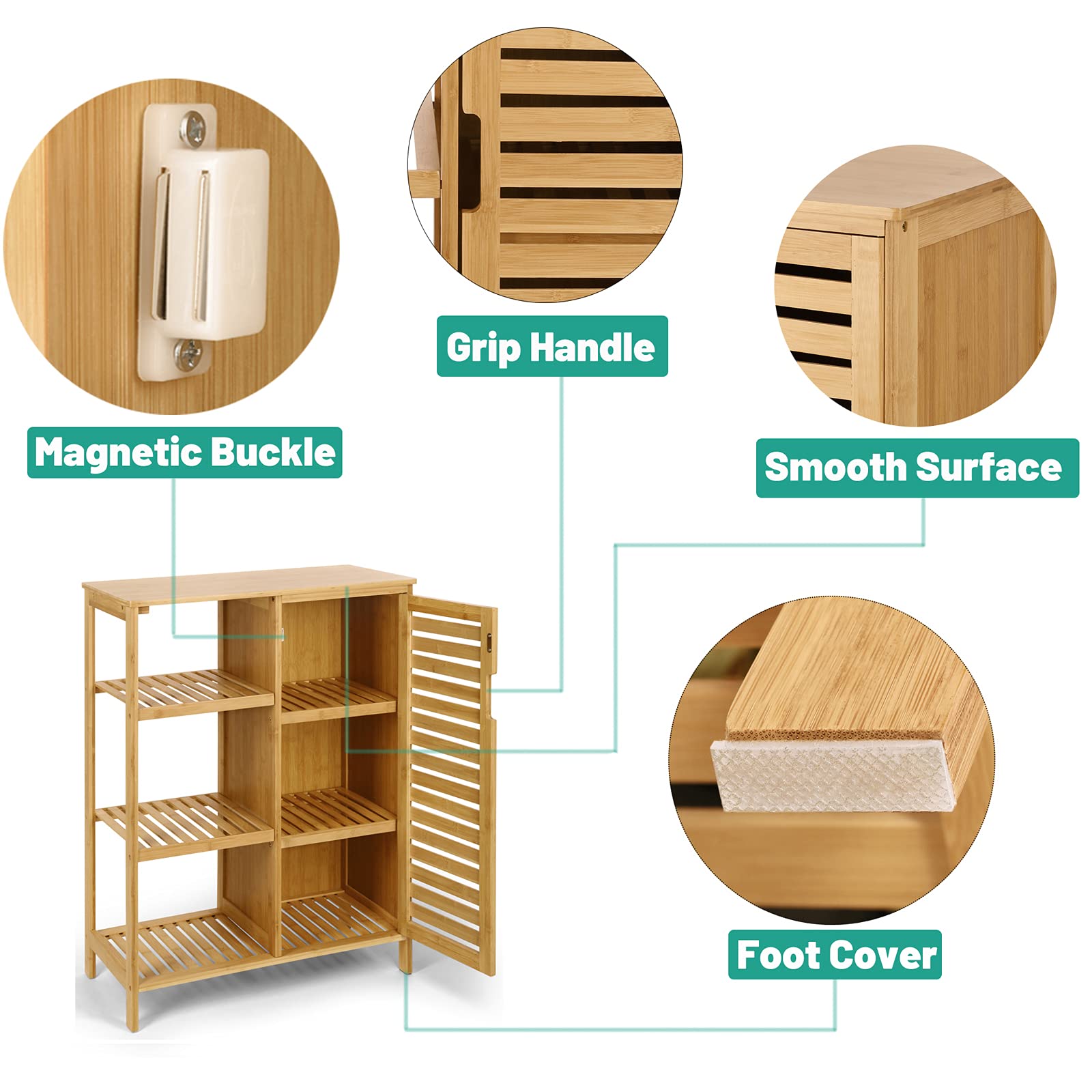 HYNAWIN Bamboo Bathroom Storage 3 Tier Shelves with Door, Free